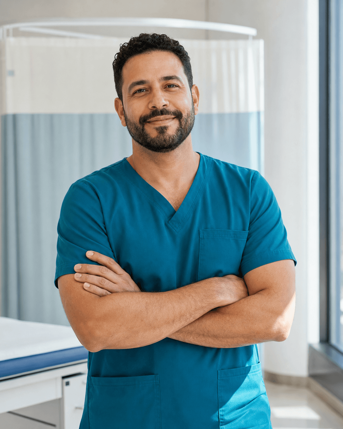 Dr. Samuel Ortiz, fictional demo clinician. AI-generated portrait.