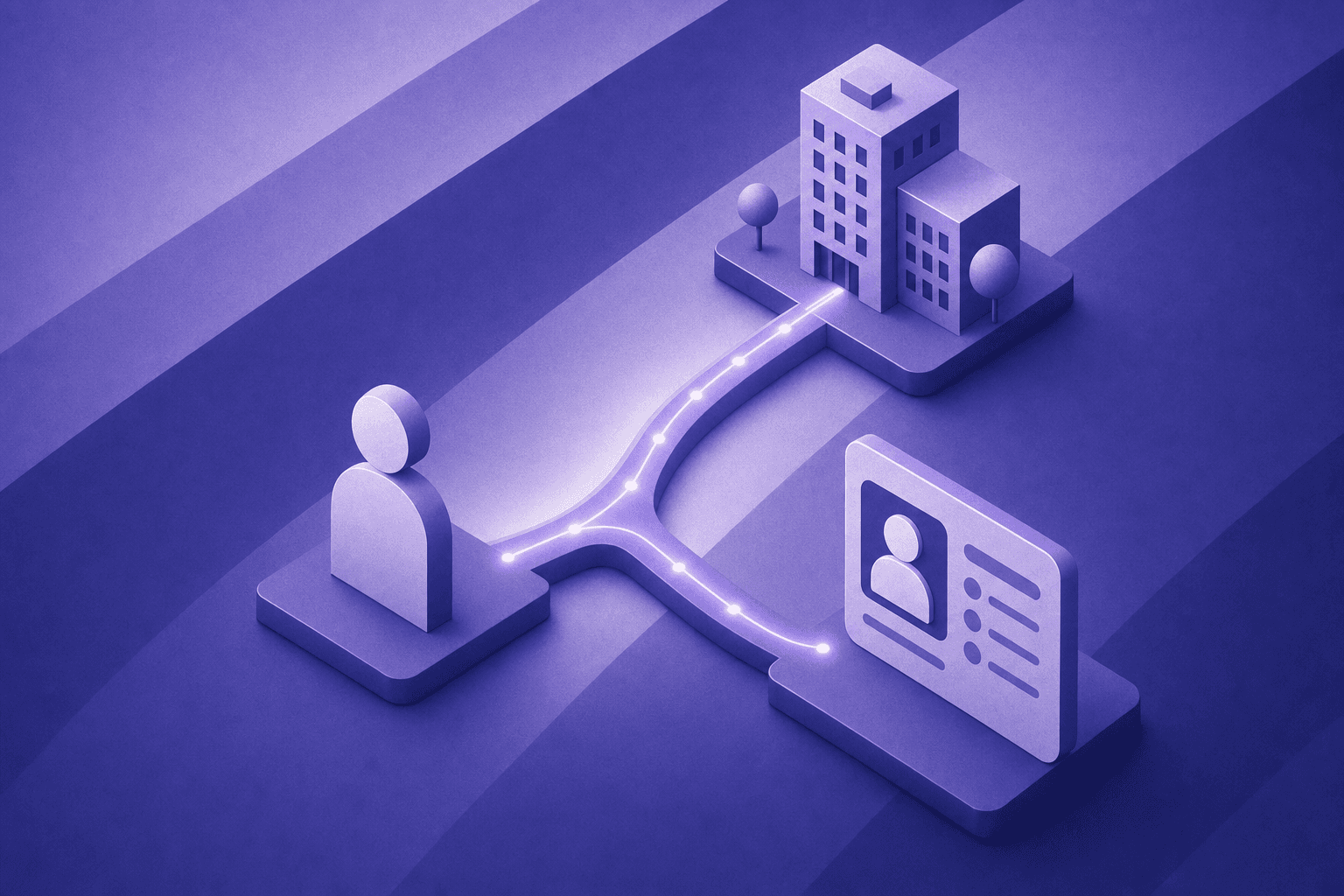 A clean, modern B2B data visualization illustration showing two distinct paths diverging from a single anonymous figure silhouette — one path leads to a corporate building icon representing company-level identification, the other leads to a detailed individual profile card with abstract person icon representing person-level identification. Dark blue and teal color scheme with glowing connection lines and subtle data nodes, professional and abstract, no text or letters