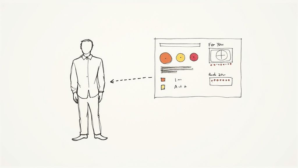 Hand-drawn illustration showing a person connected to a user interface displaying personal data and recommendations.