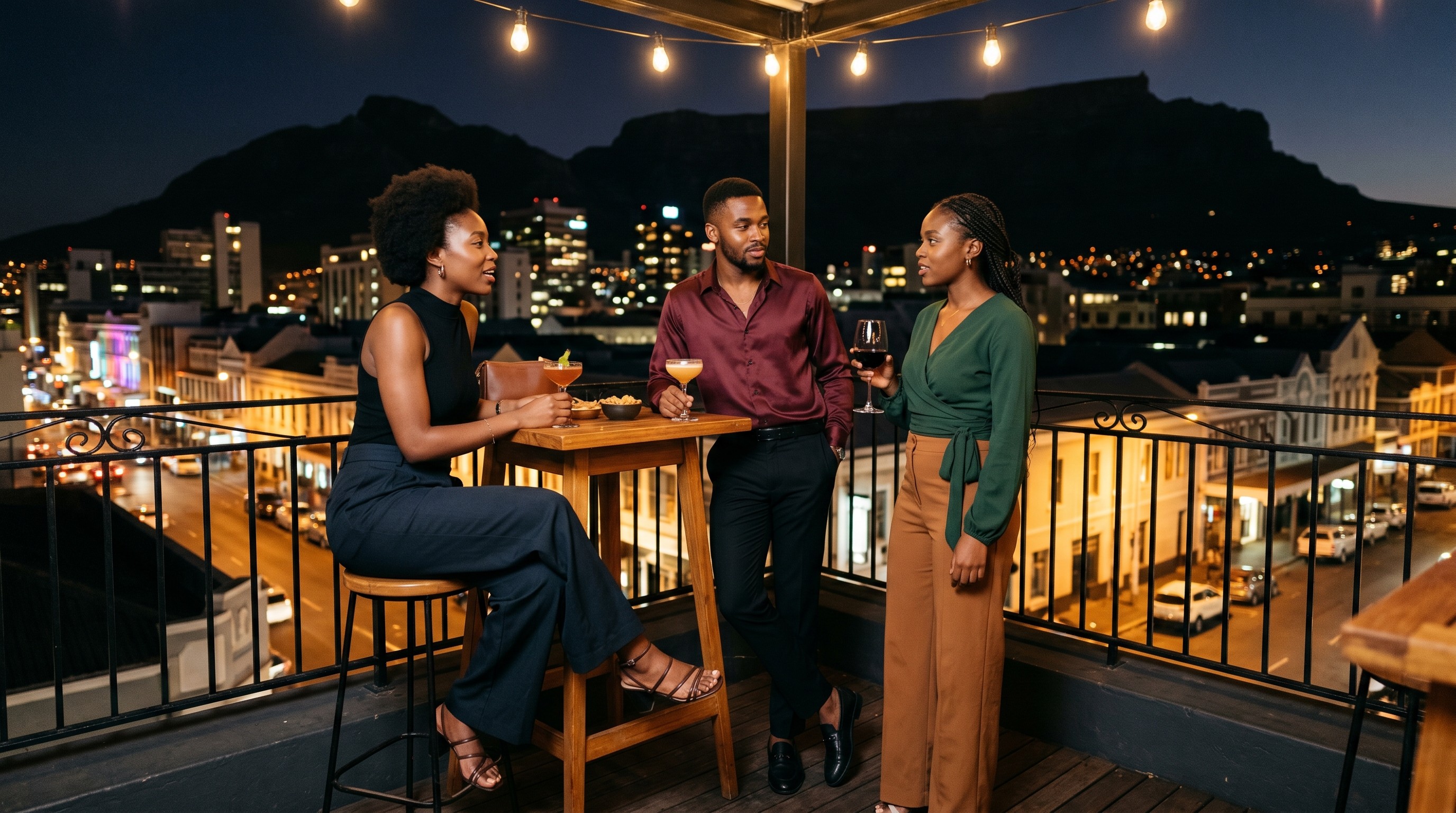 Young Africans socialising at a vibrant rooftop bar in Cape Town at night with city lights in the background