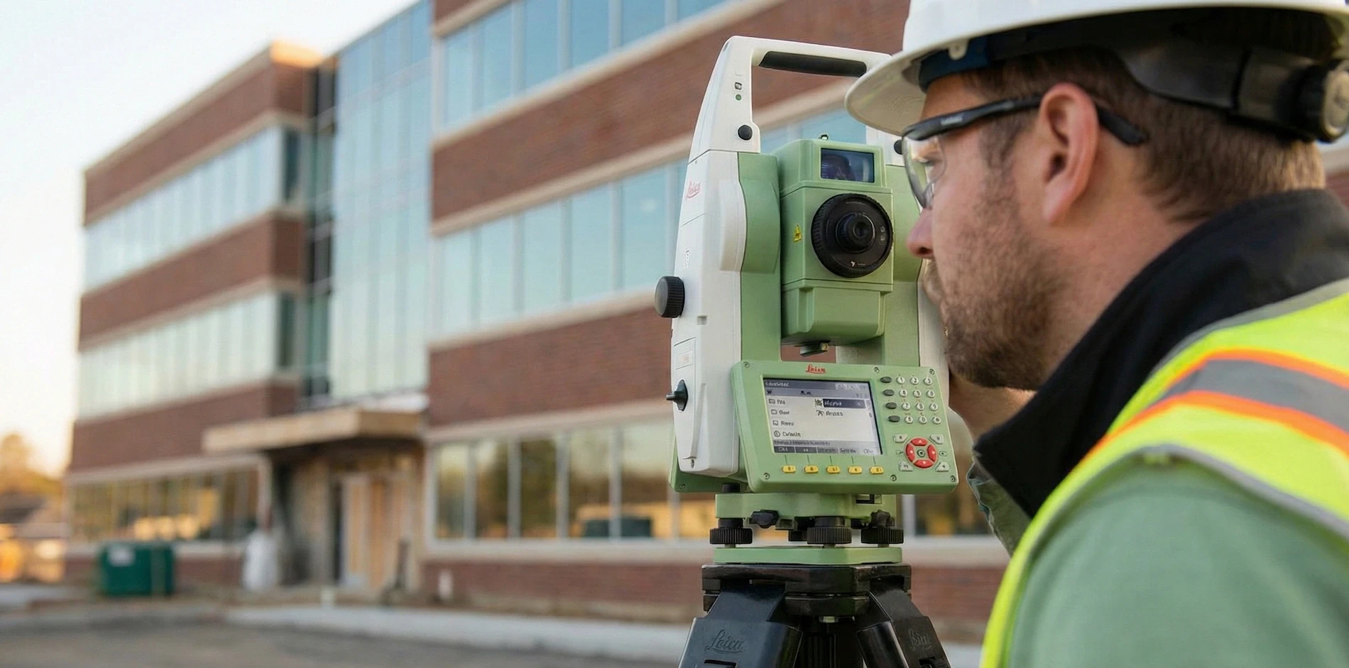 Surveyor using a digital total station for a measured building survey of a modern office exterior
