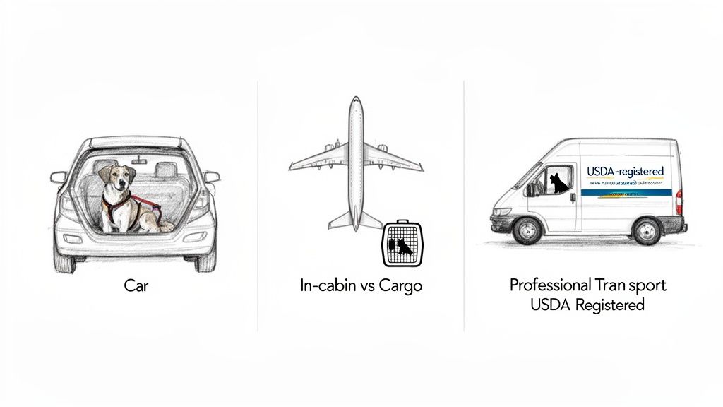 Three illustrations depicting different pet transportation methods: car, airplane (in-cabin/cargo), and professional USDA-registered van.