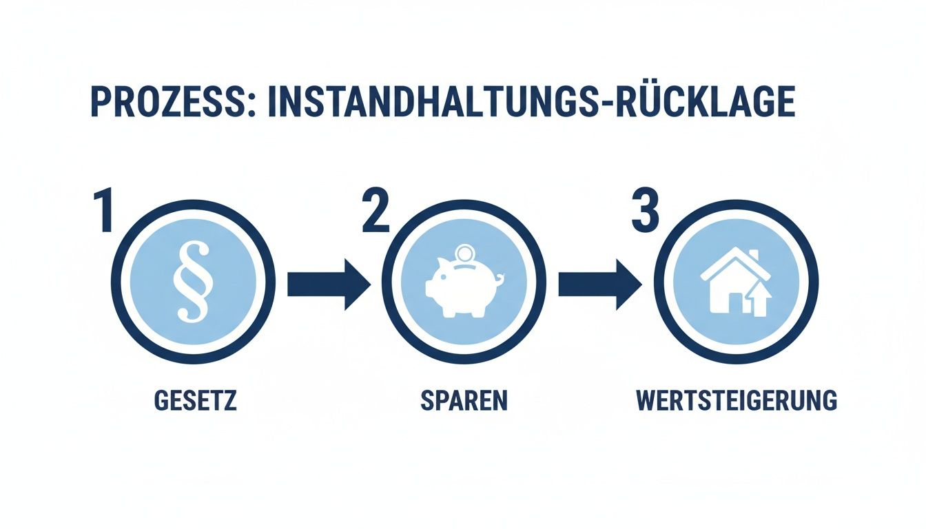 Infografik zum Prozess der Instandhaltungsrücklage: Gesetz, Sparen, Wertsteigerung in drei Schritten dargestellt.