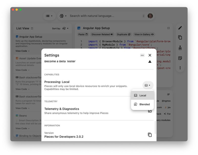 Choosing local ML processing in the Pieces desktop app settings menu.