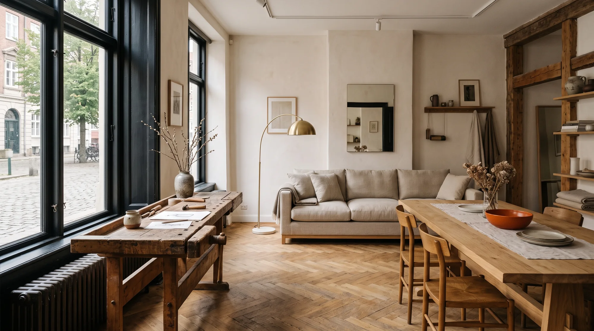 A bright loft room with tall windows onto the street, a sofa and long oak tables