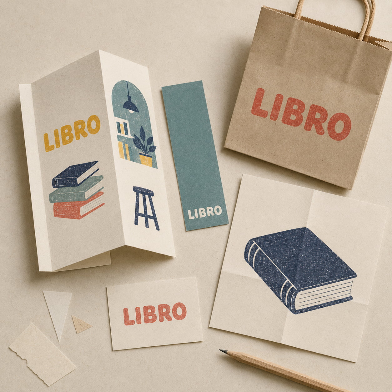 A minimalist design with a folded brochure, bookmark, card, and paper bag labeled "LIBRO." Features book and plant illustrations, conveying a calm, literary theme.