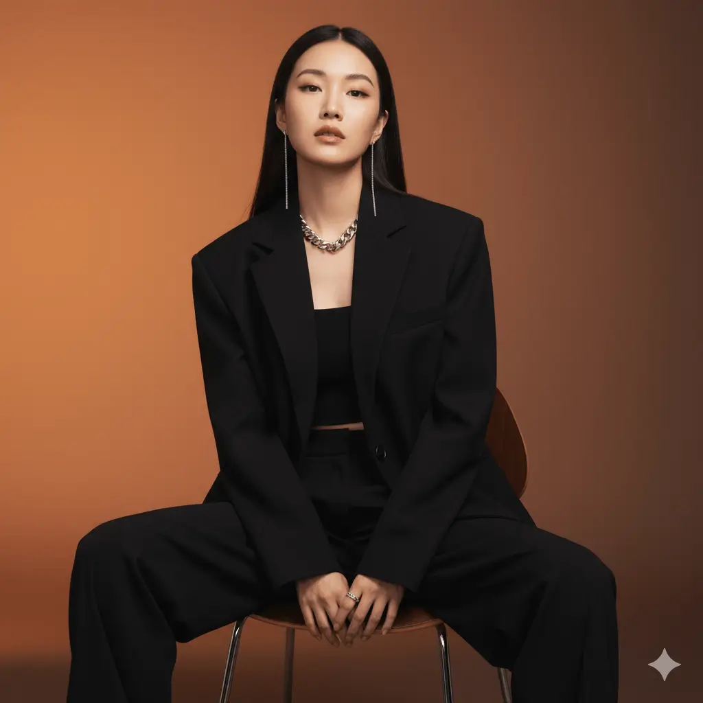 AI-generated professional female executive portrait wearing tailored black business suit against warm orange background, demonstrating corporate leadership portraiture by Mahendra