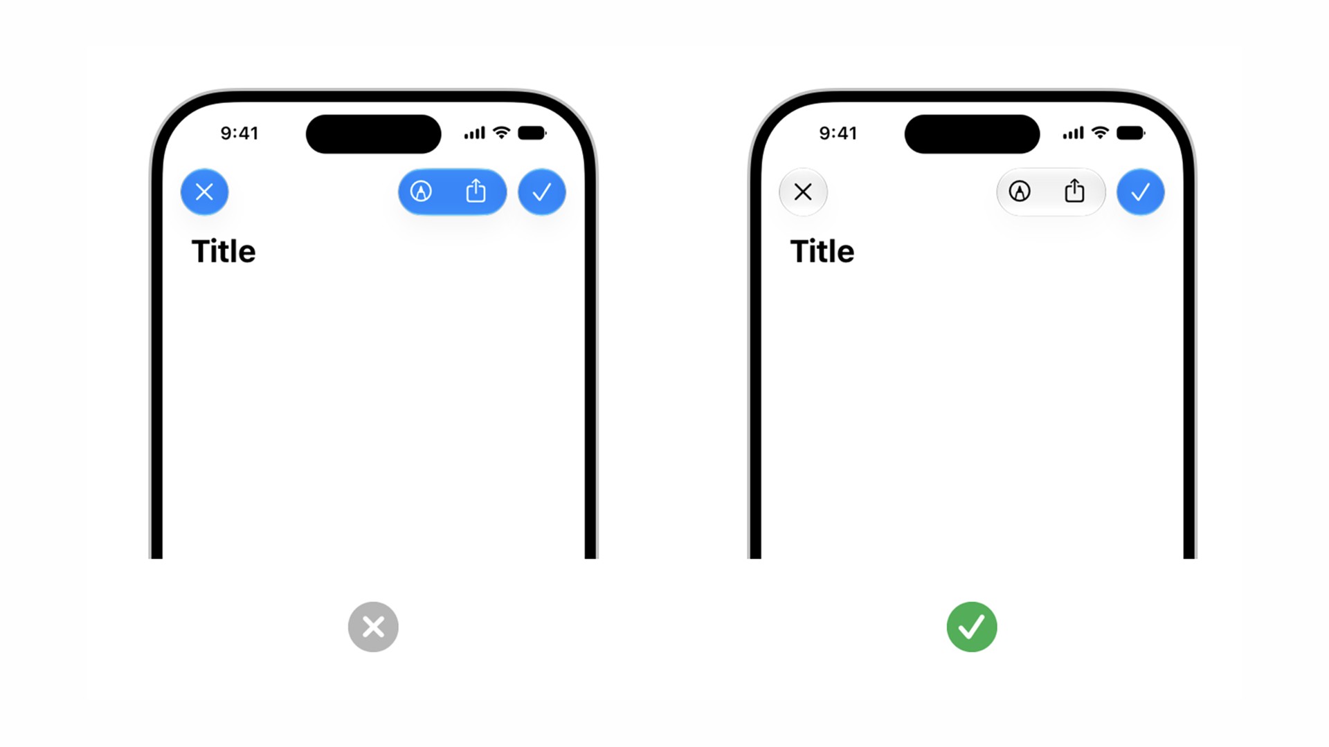 Two iPhone mockups comparing toolbar tinting: every control tinted blue, marked wrong, versus only the primary action tinted, marked correct.