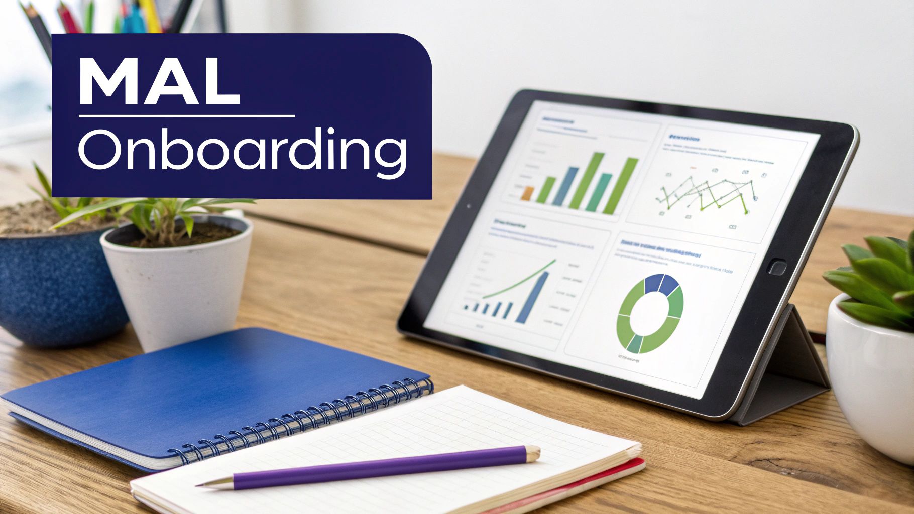 En tablet viser diagrammer og grafer på et skrivebord med notesbøger og planter, samt tekst 'MAL Onboarding'.