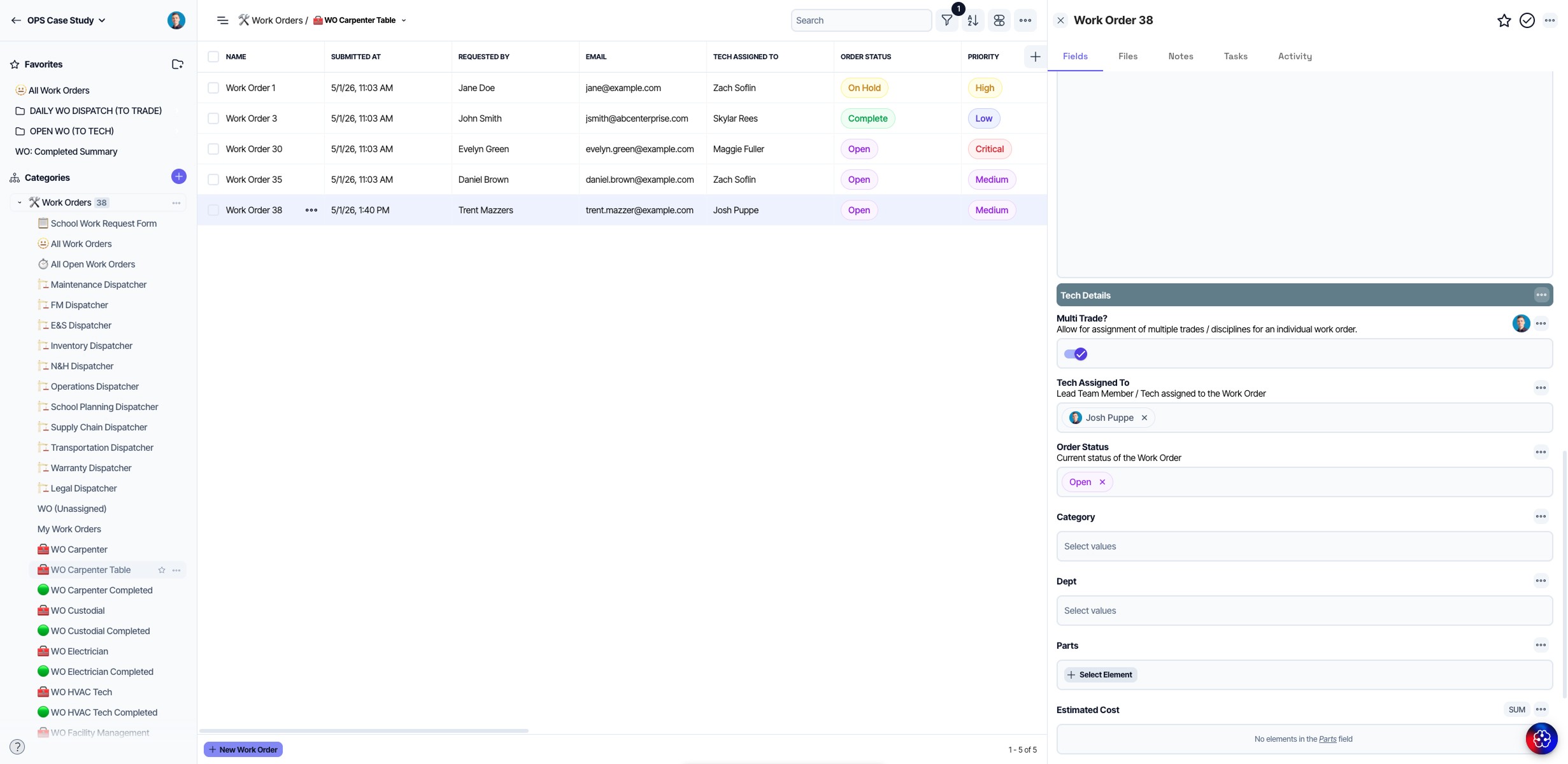 Specific fields can be implemented as triggers for Automations, as well as appended and extensible workflows such as including additional trades required for more complex Work Order requests and required resolution.