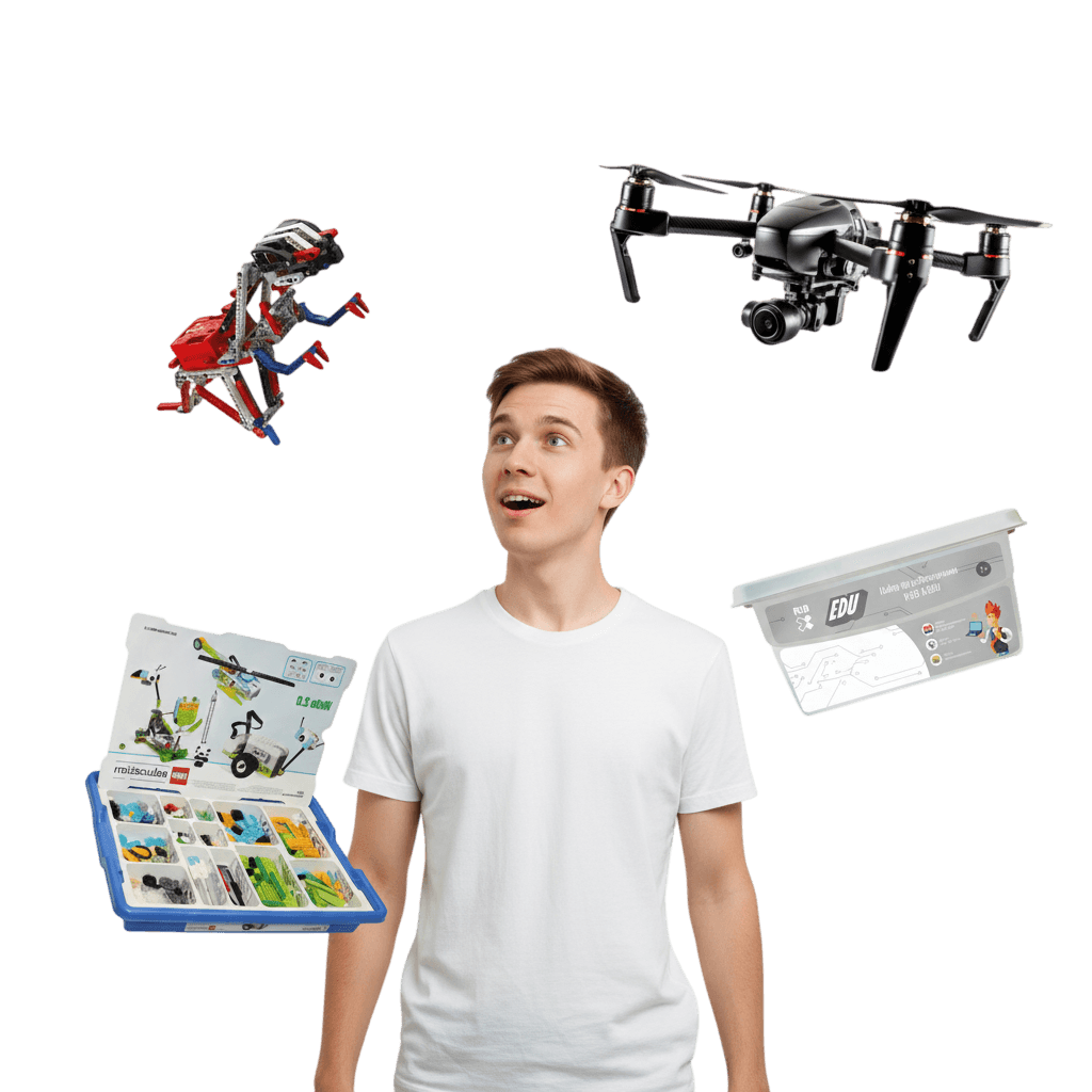 Парень и вокруг него летают техники