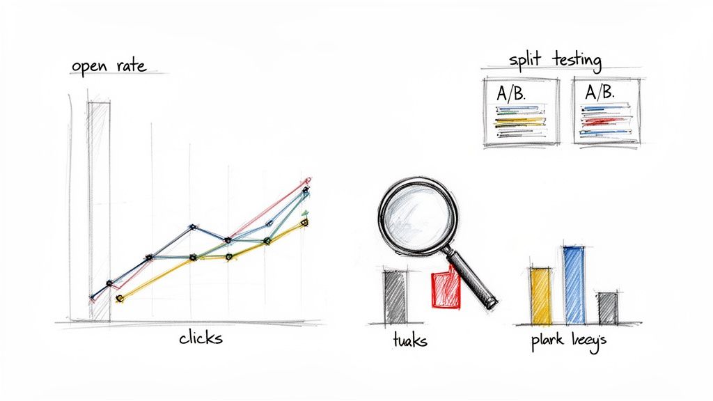 Hand-drawn sketches illustrating marketing data analysis, including open rates, clicks, split testing, and charts.