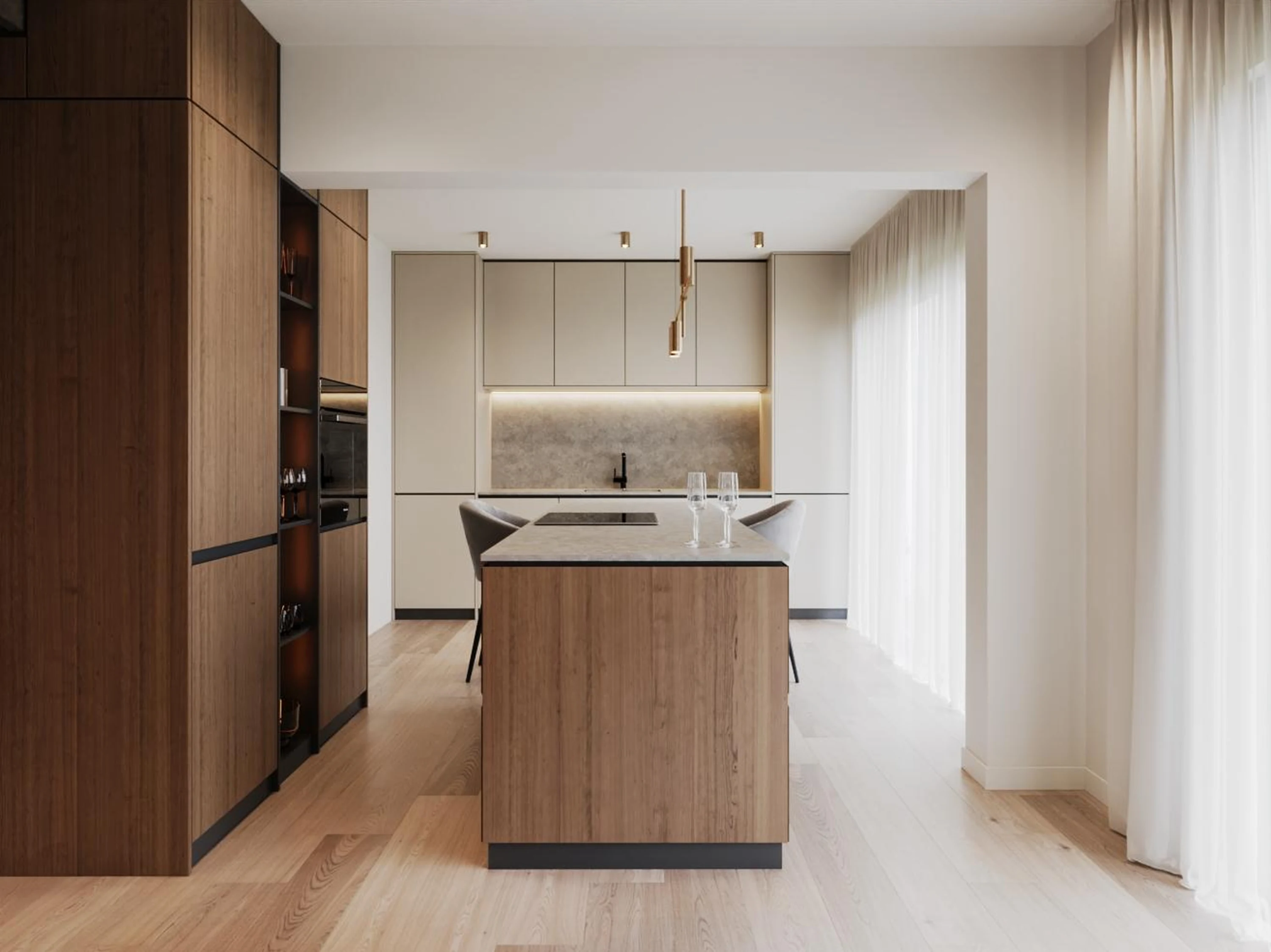 Détail — joint creux entre lambris et minéral.