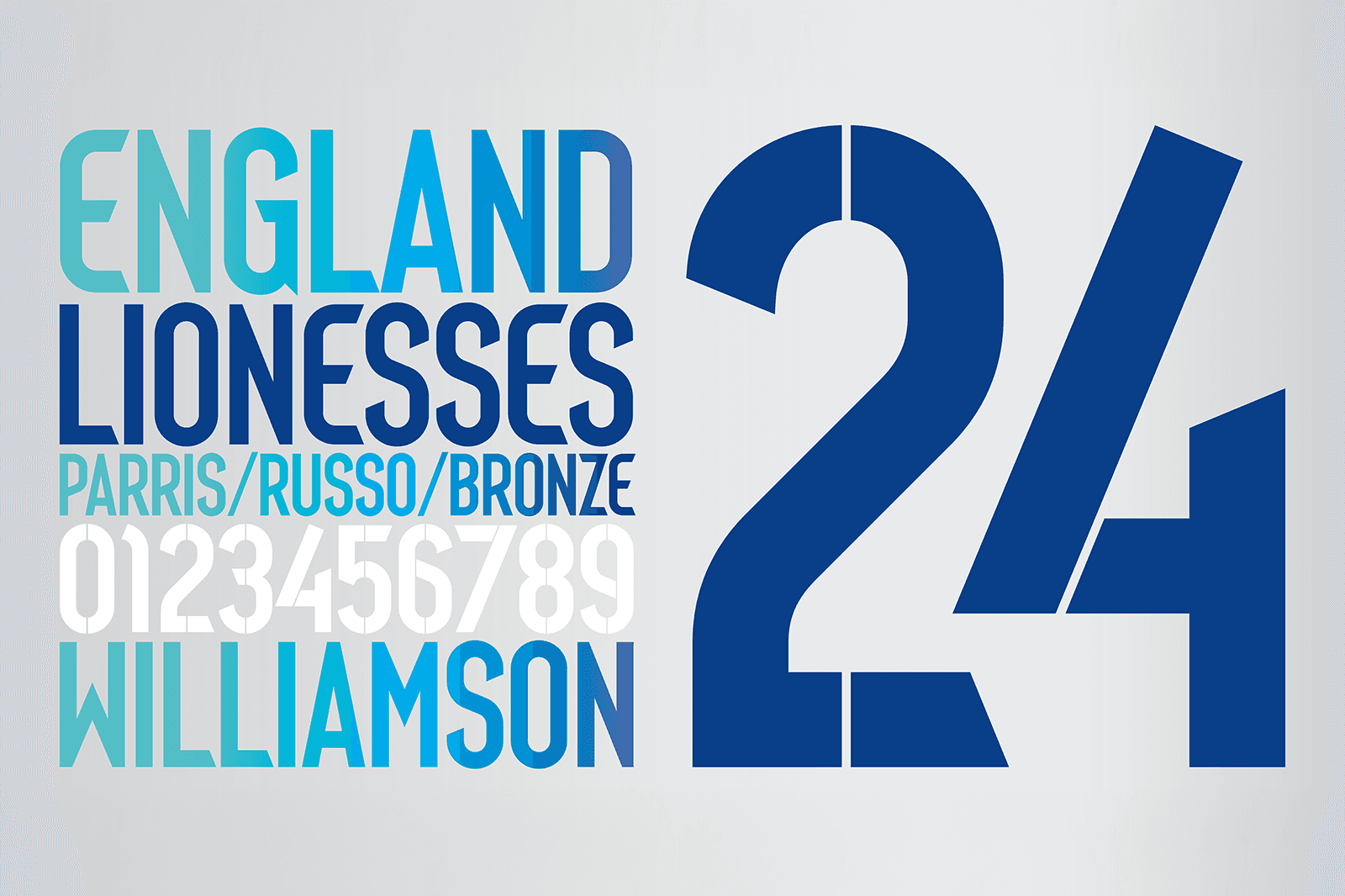 Graphic featuring the words "England Lionesses," name "Williamson," and the number "24" in bold blue text.