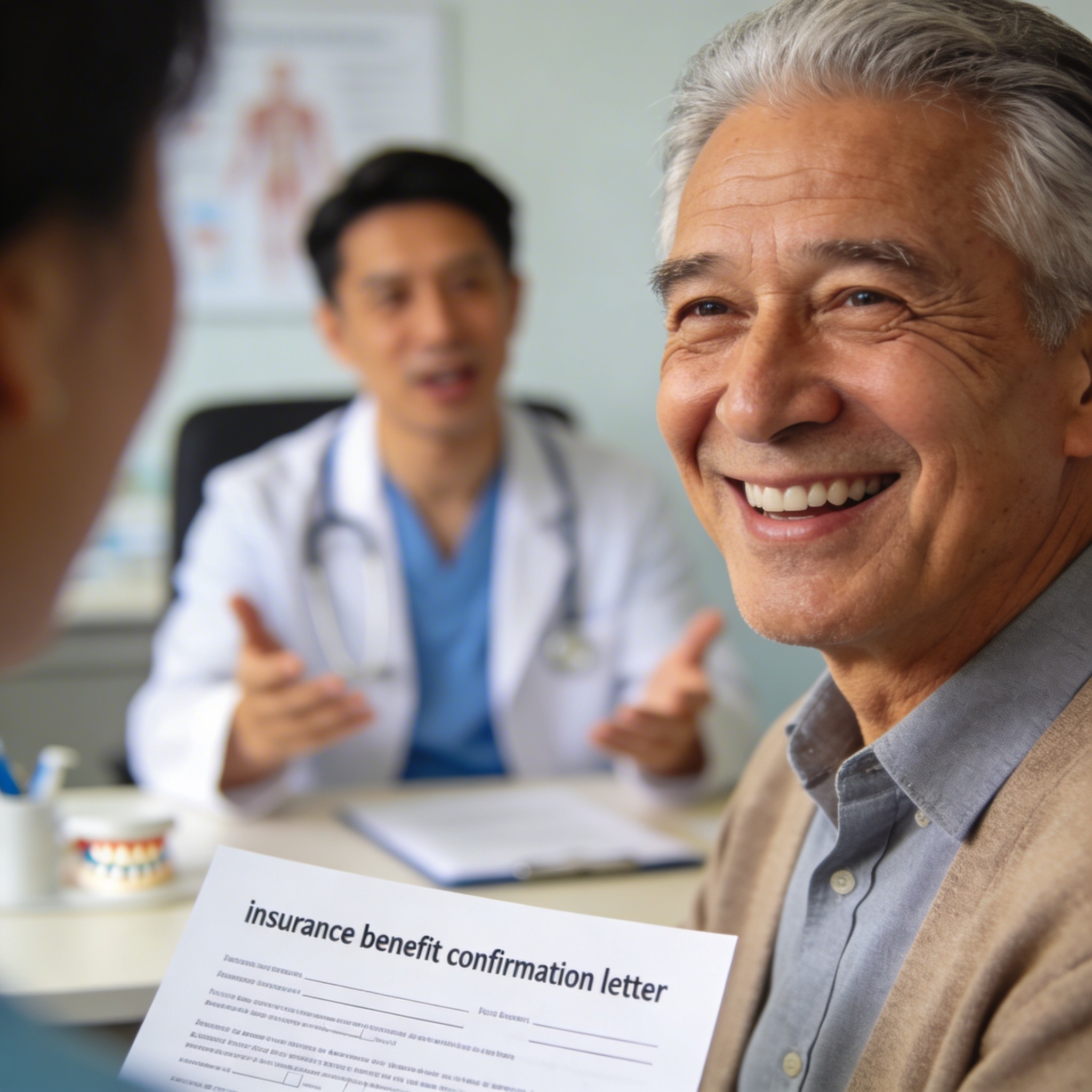 Patient smiling with relief after learning they have partial dental implant insurance coverage at Meadowbrook
