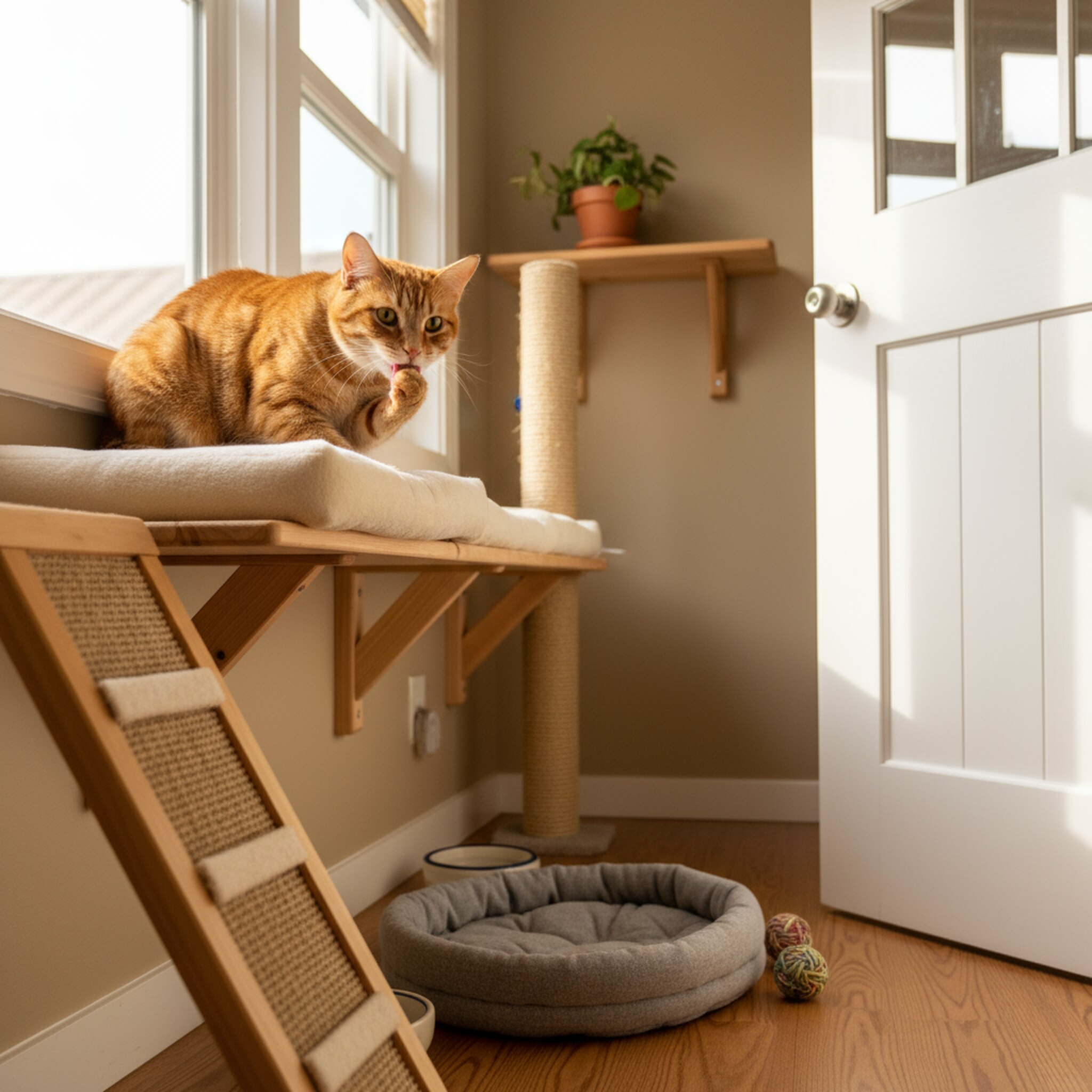 Ein sonniger Raum mit erhöhten Liegeflächen, in dem eine getigerte Katze die Pfote genüsslich putzt. Warmes Licht fällt über eine Sisalsäule und einen dezenten Schlafkorb. Ein kurzes Strecken, dann ein neugieriger Blick zur Tür. Alles wirkt gepflegt, leise und heimelig.