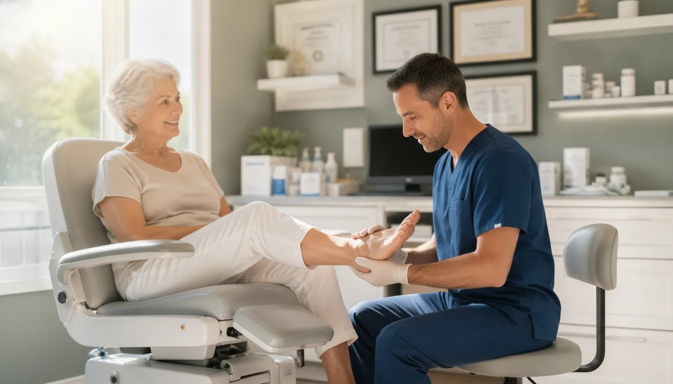 Podiatrist examining a patient's foot in a bright clinical exam room