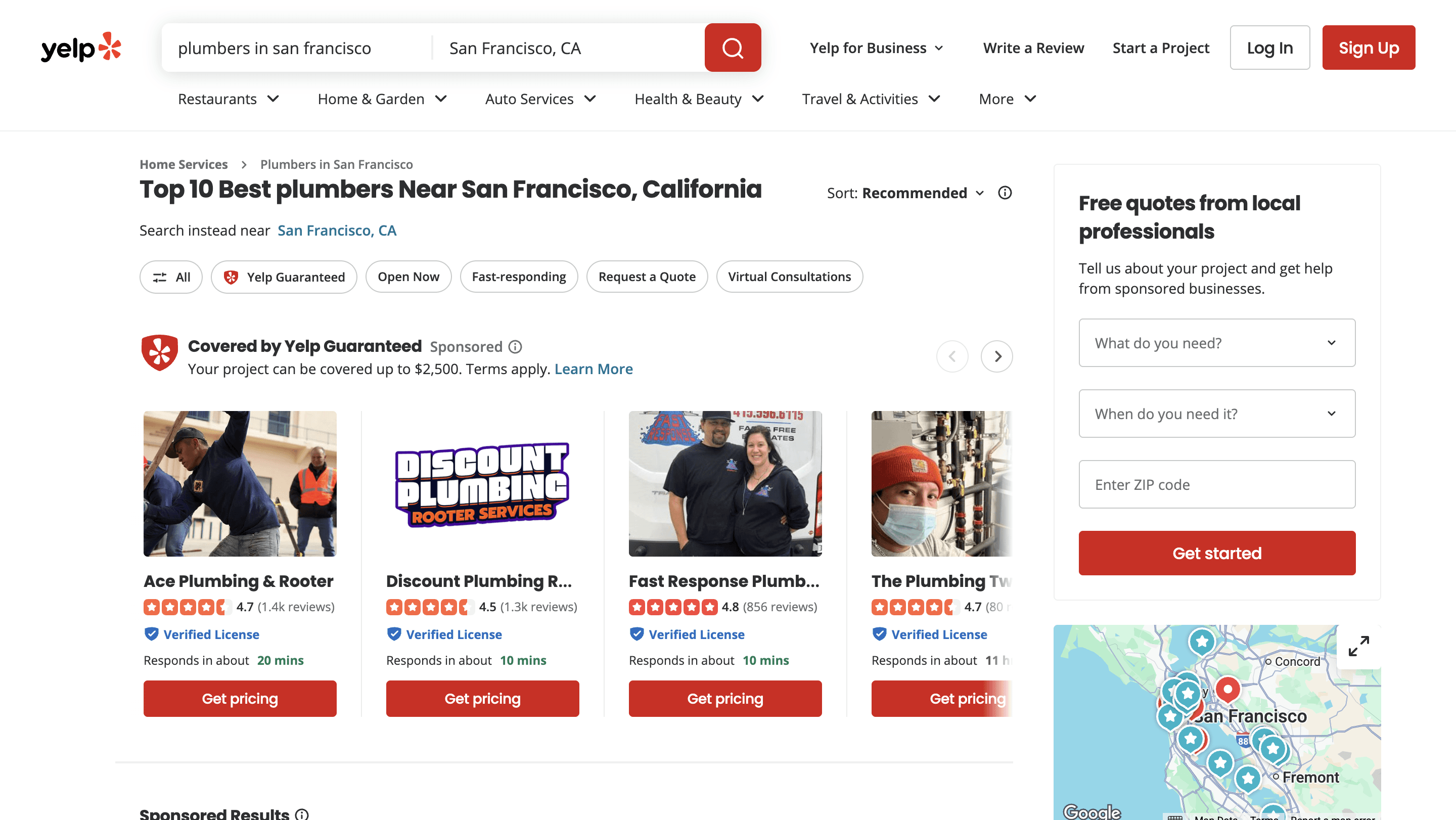 Yelp website search results