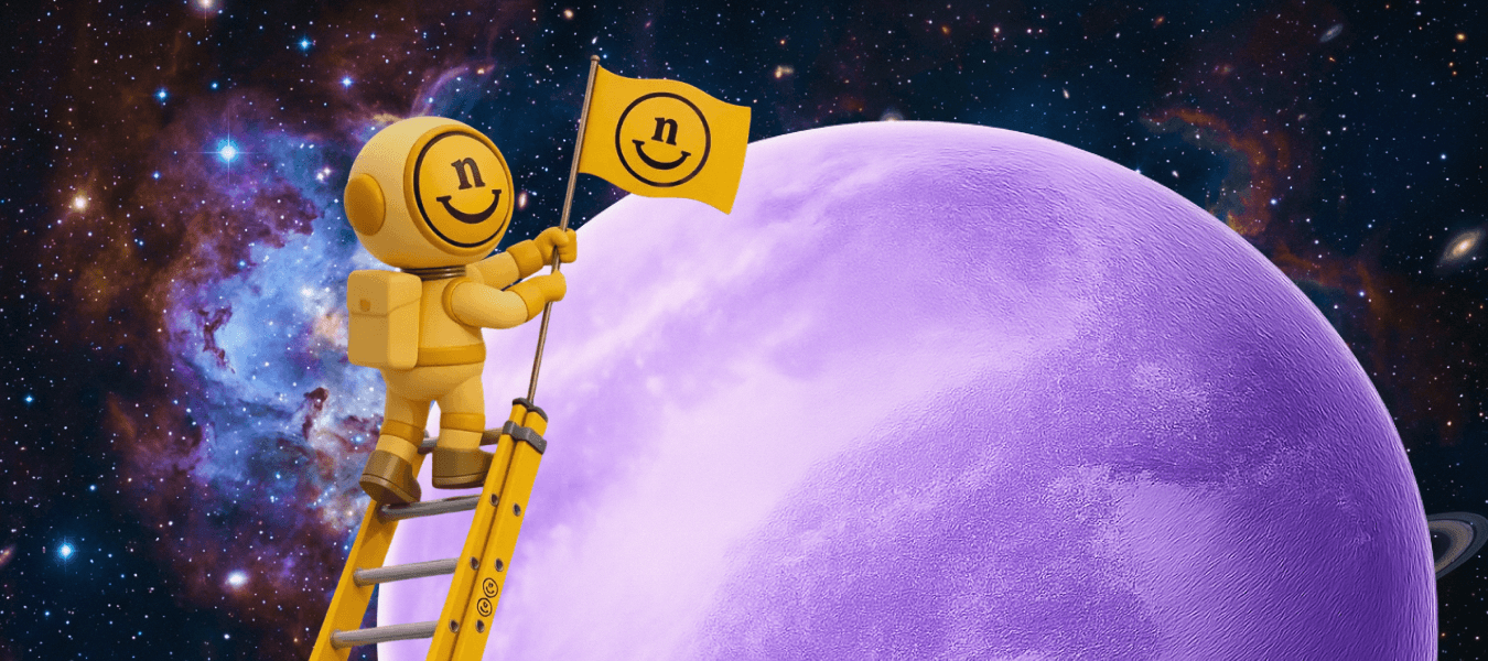Neato mascot climbing a ladder and planting a flag on a planet, symbolizing brands that build durable growth by starting with product and fundamentals.
