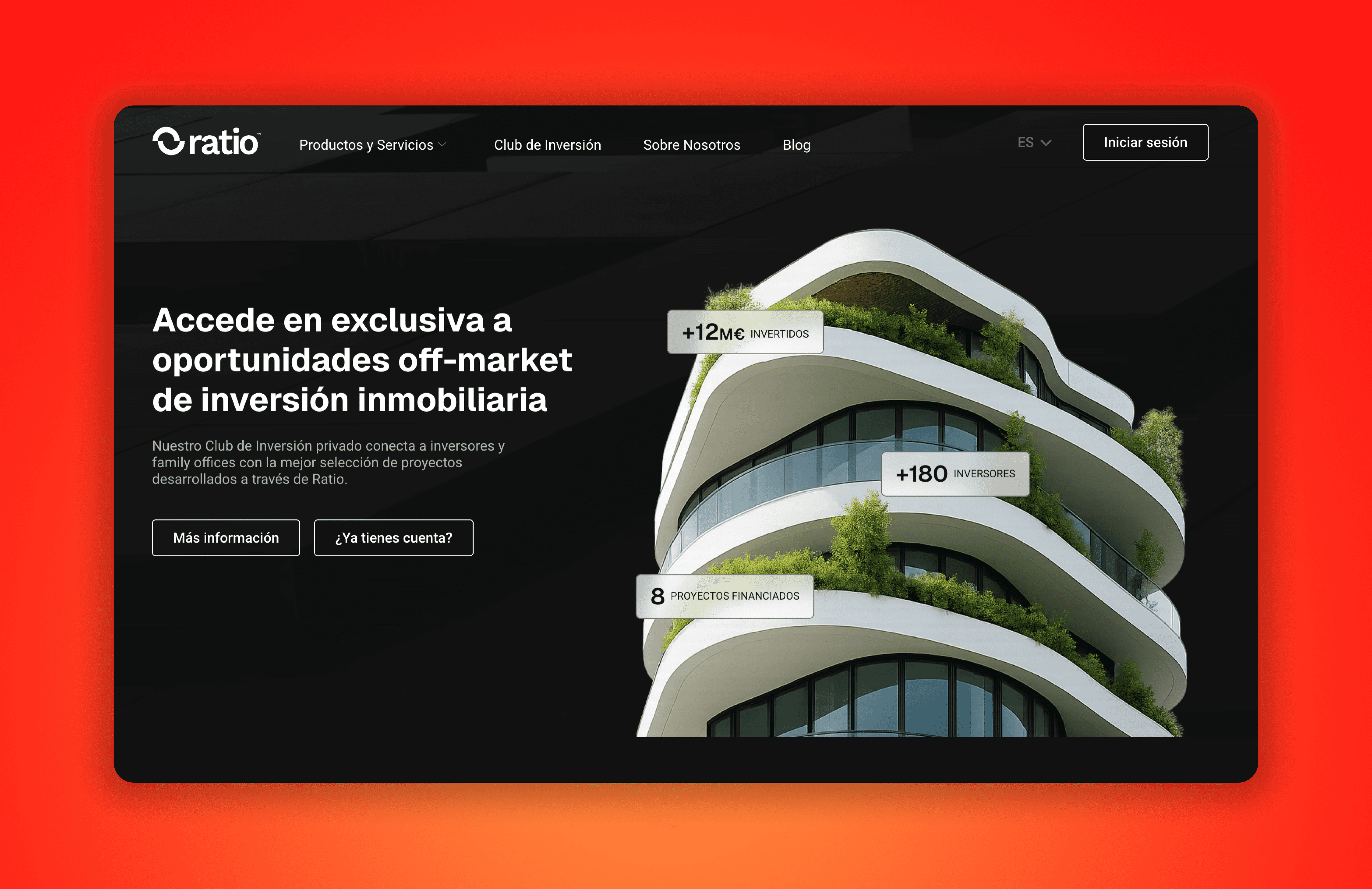 Ratio website project featuring an architectural close-up of a curved modern building on a dark background with elegant design elements