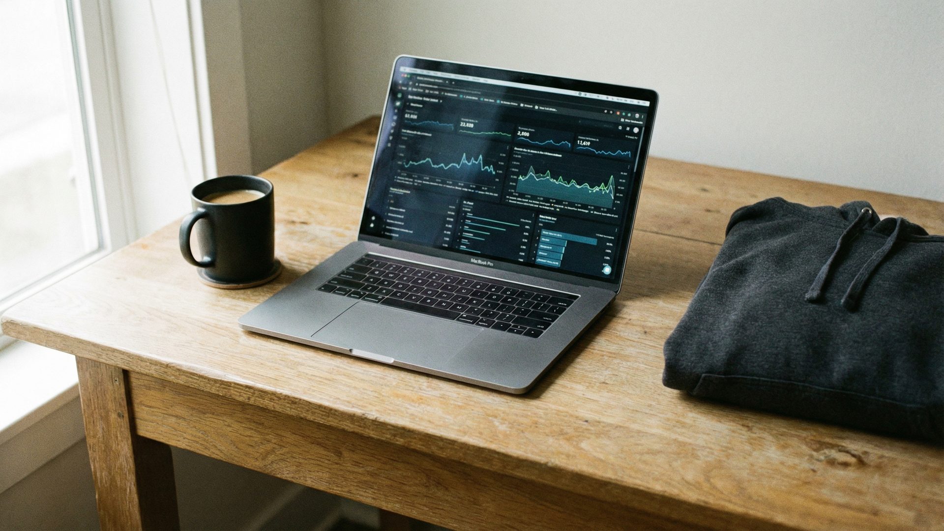 A MacBook Pro open on a clean, minimal white oak desk, the screen showing a sophisticated e-commerce analytics dashboard with line charts and a revenue graph trending upward, a matte black ceramic coffee mug to the left, and a folded charcoal hoodie to the right, with soft diffused natural light from a window.