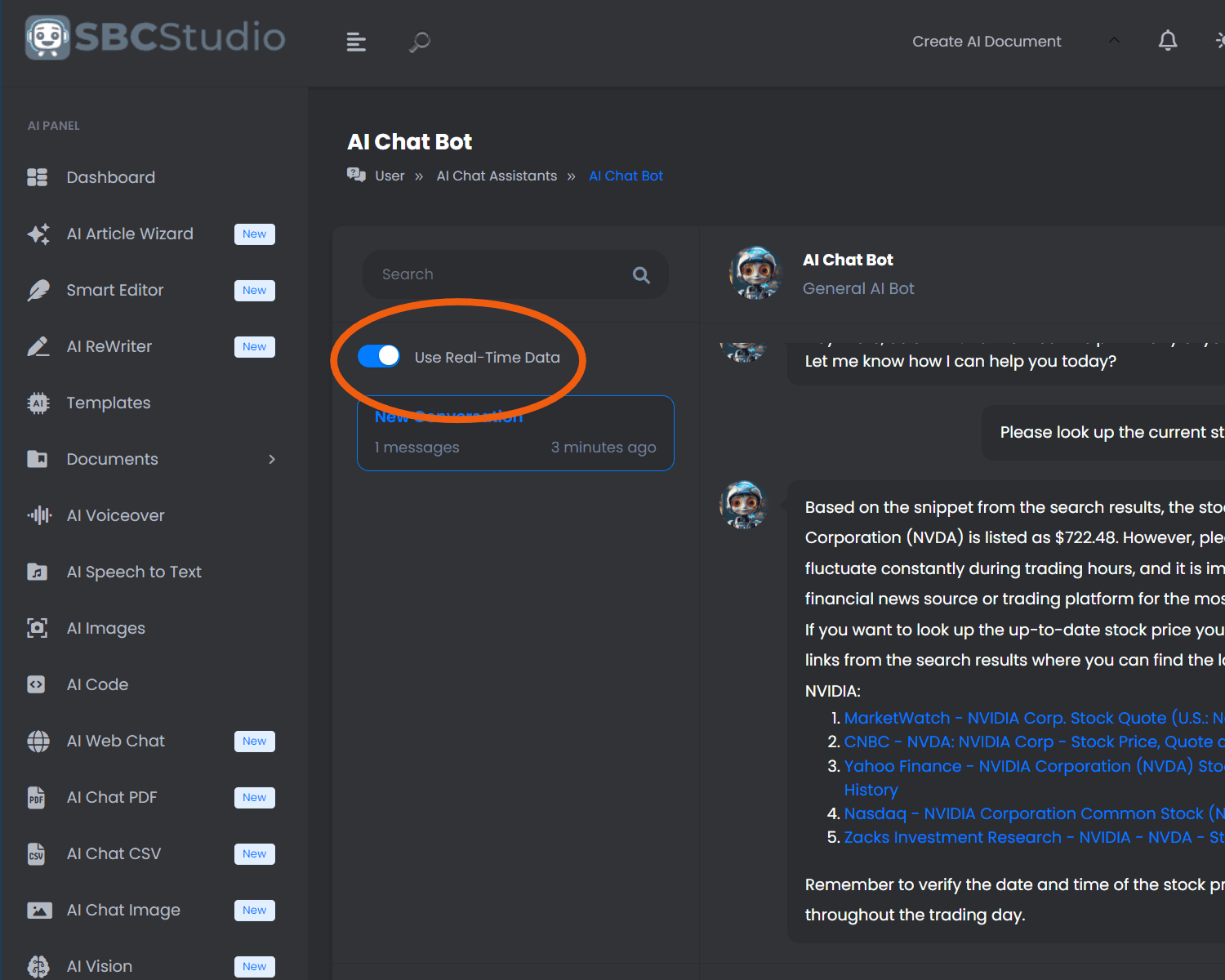 SBCStudio Real-Time Data for Chatbots