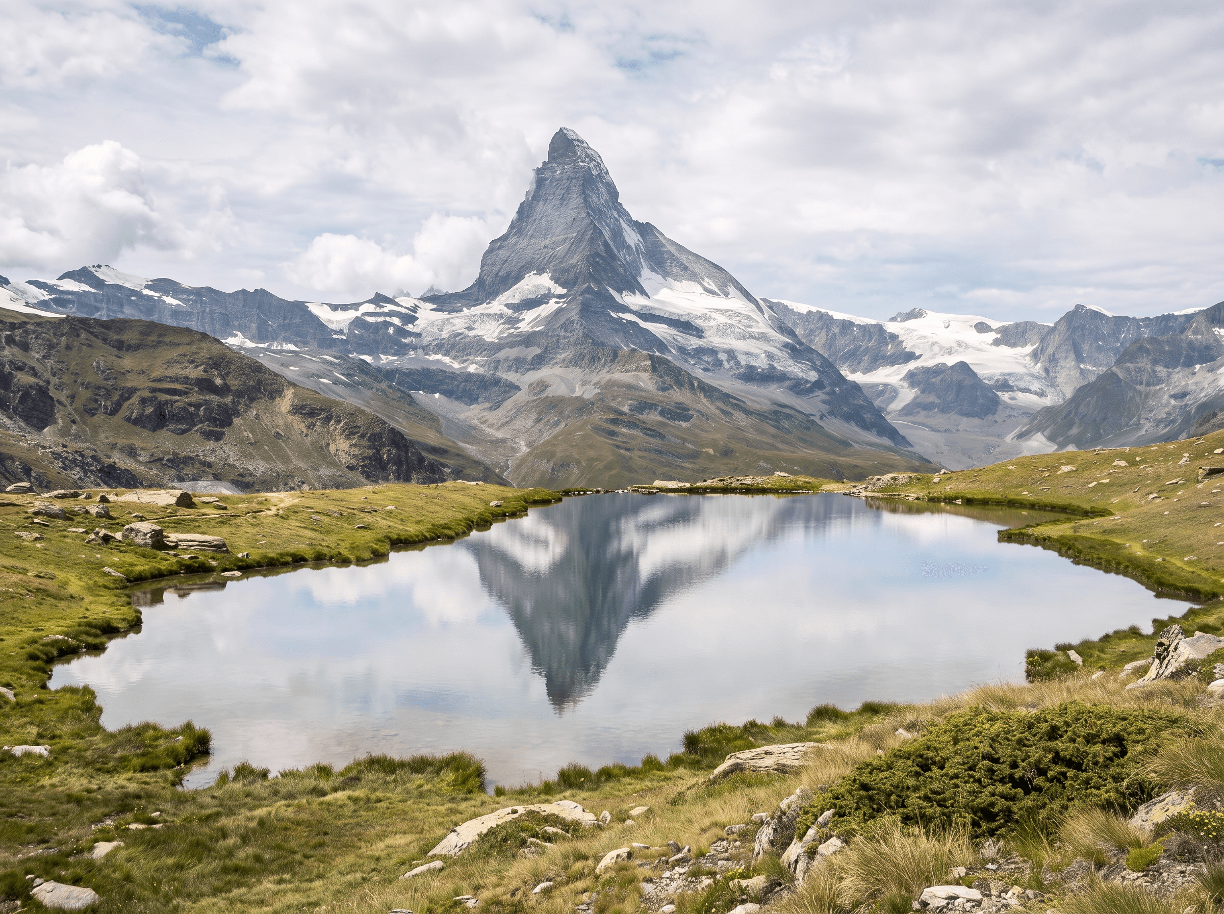 Matterhorn reflected in an alpine lake, professionally edited landscape photo with natural color and detail.