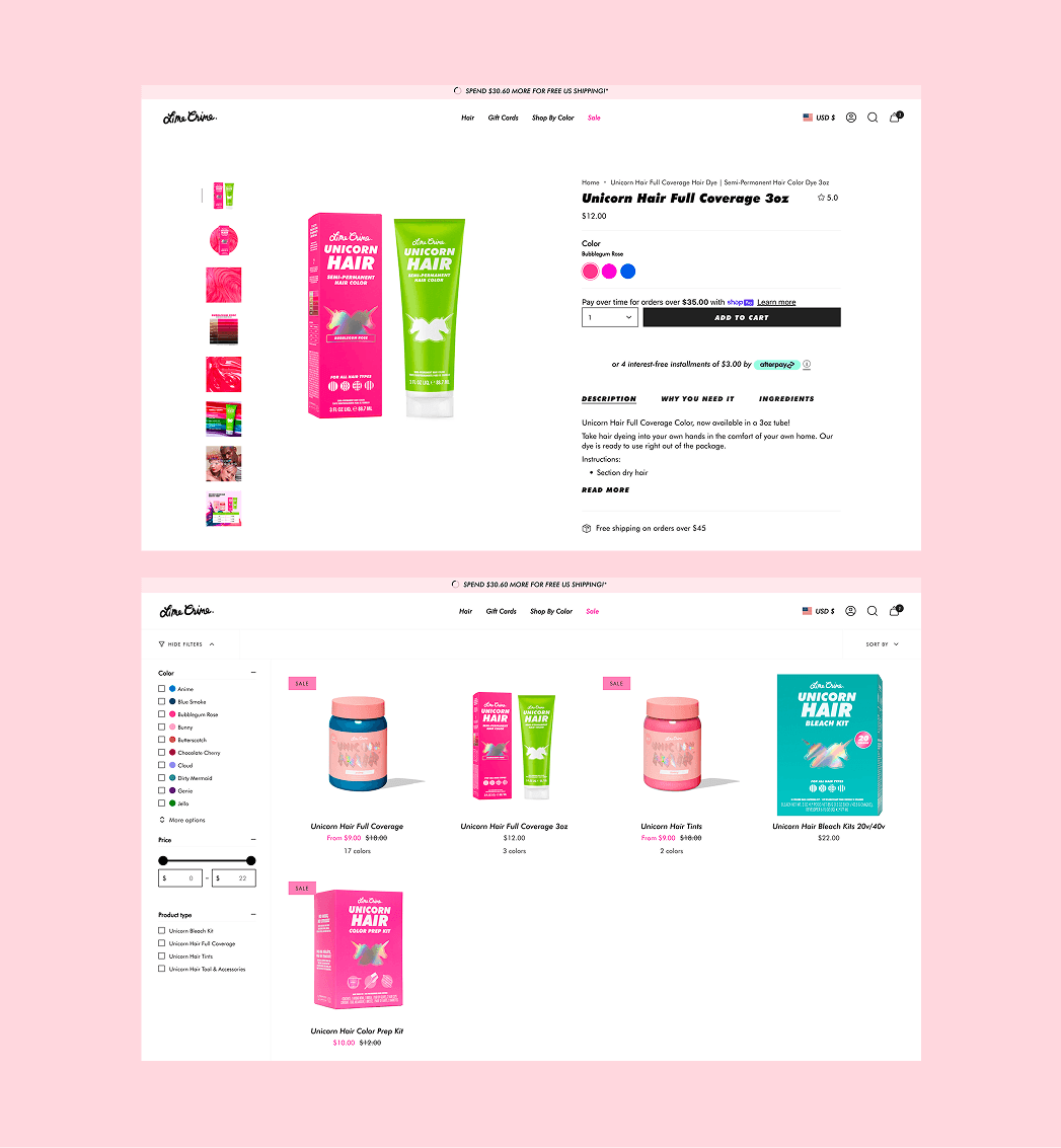 Shopify collection and product layout for Lime Crime displaying multiple beauty products and shade options