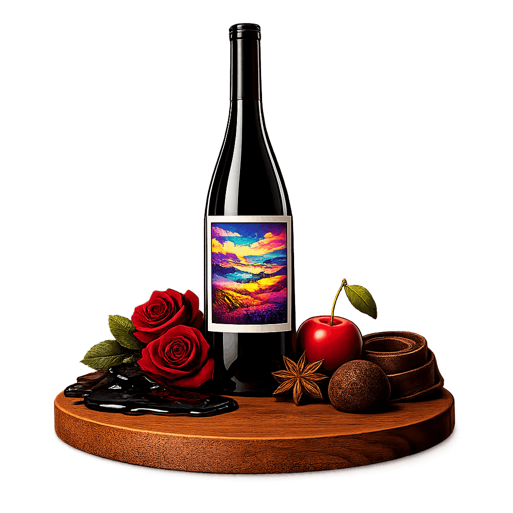 Artistic label and flavor profile for Northern Italy Nebbiolo on a rustic wooden table.