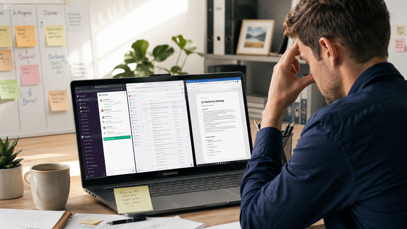 En mand arbejder fokuseret på sin bærbare computer ved et rodet skrivebord med mange noter og opgaver.