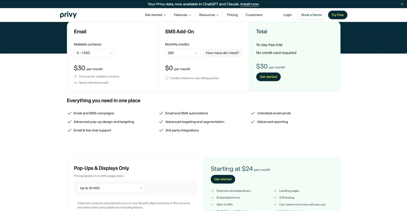 Privy pricing page showing Displays, Email, and SMS plan options.