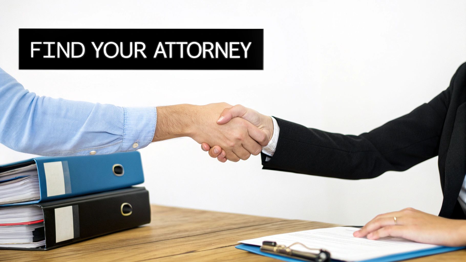 Professional handshake between client and attorney over desk with legal documents and folders
