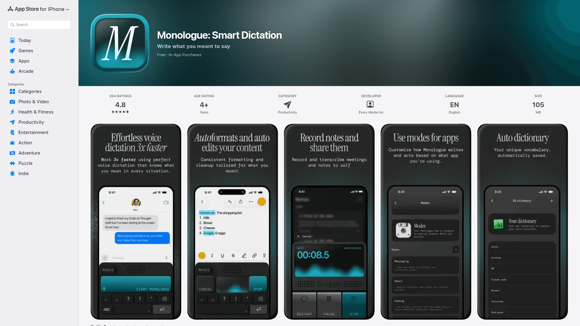 Screenshot of https://apps.apple.com/us/app/monologue-smart-dictation/id6755956193