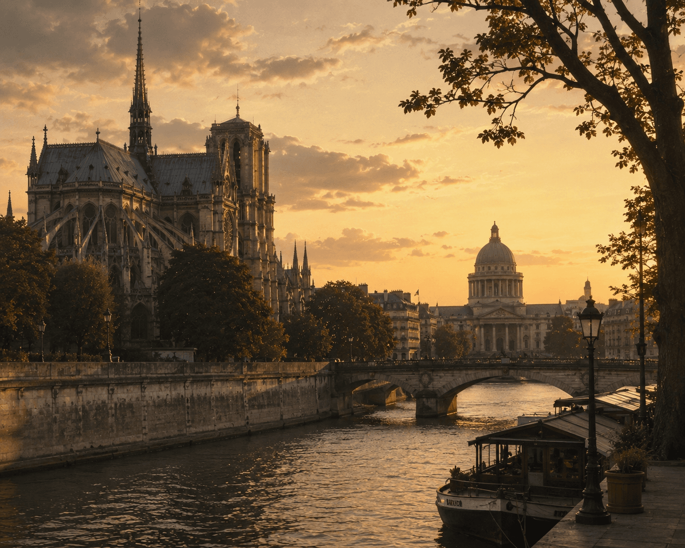 A scenic sunset view along the Seine River in Paris featuring the Gothic architecture of Notre-Dame Cathedral on the left with its tall spire and intricate flying buttresses. In the distance across the stone arch bridge, the iconic domed top of the Panthéon stands out against a warm golden sky filled with soft clouds, framed by tree branches and a vintage street lamp in the foreground.