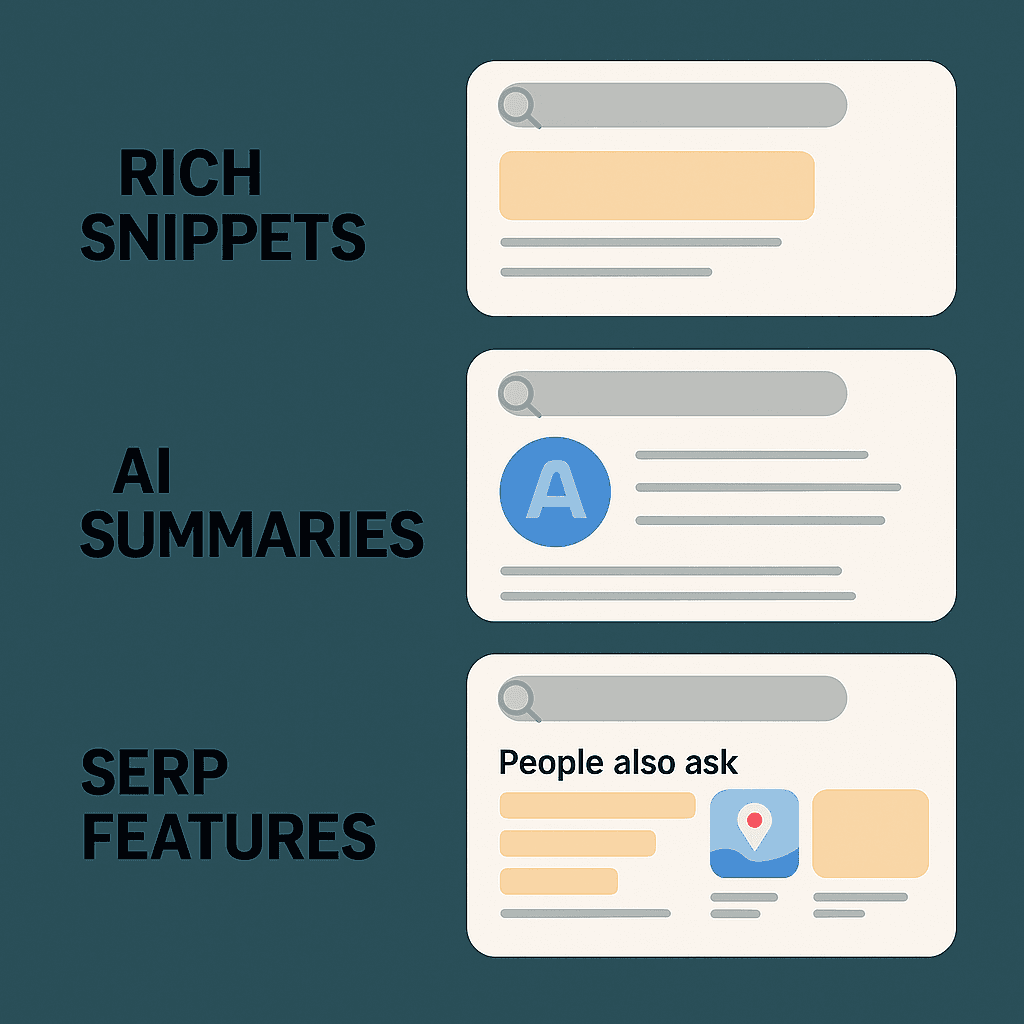 A minimal flat-design illustration of a Google search results page highlighting key zero-click features: rich snippets at the top, AI summaries in the middle, and SERP features like “People also ask” and product carousels, with arrows labeling each element.