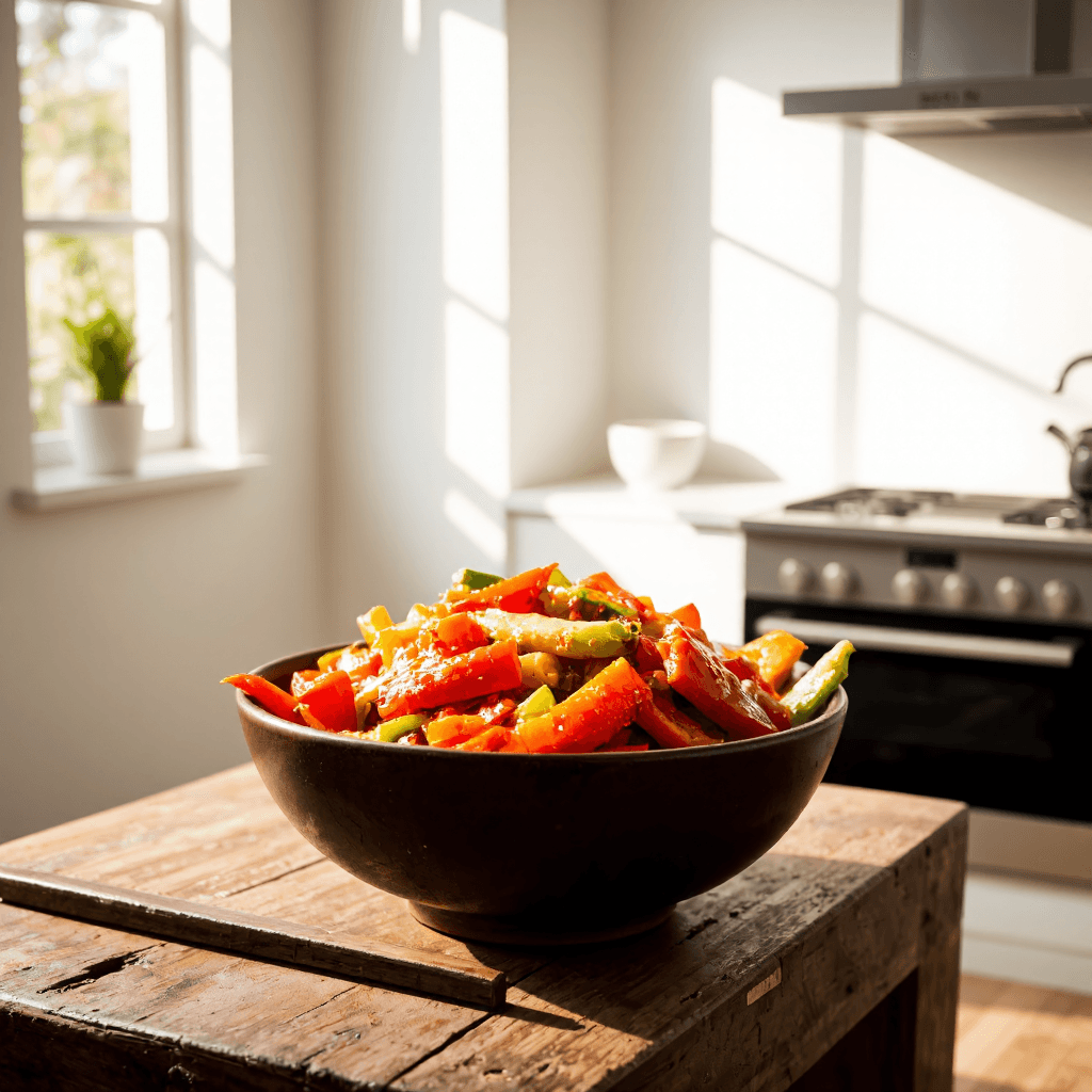 product photography of a bowl of spicy marinated vegetables