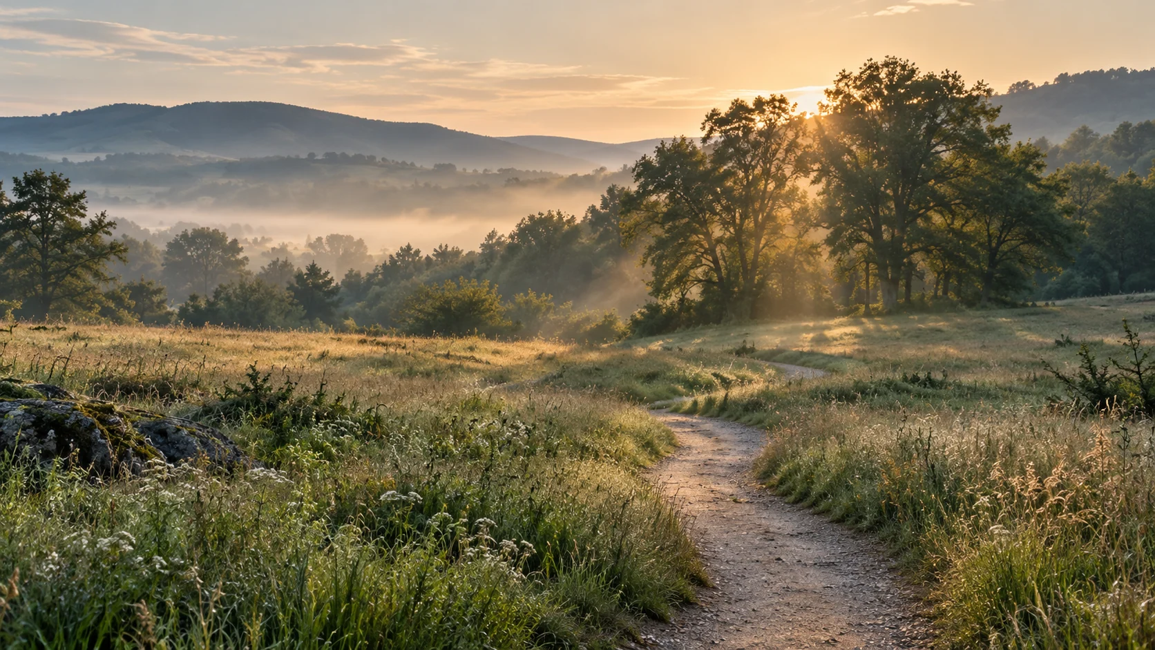 A peaceful meadow path in soft morning light