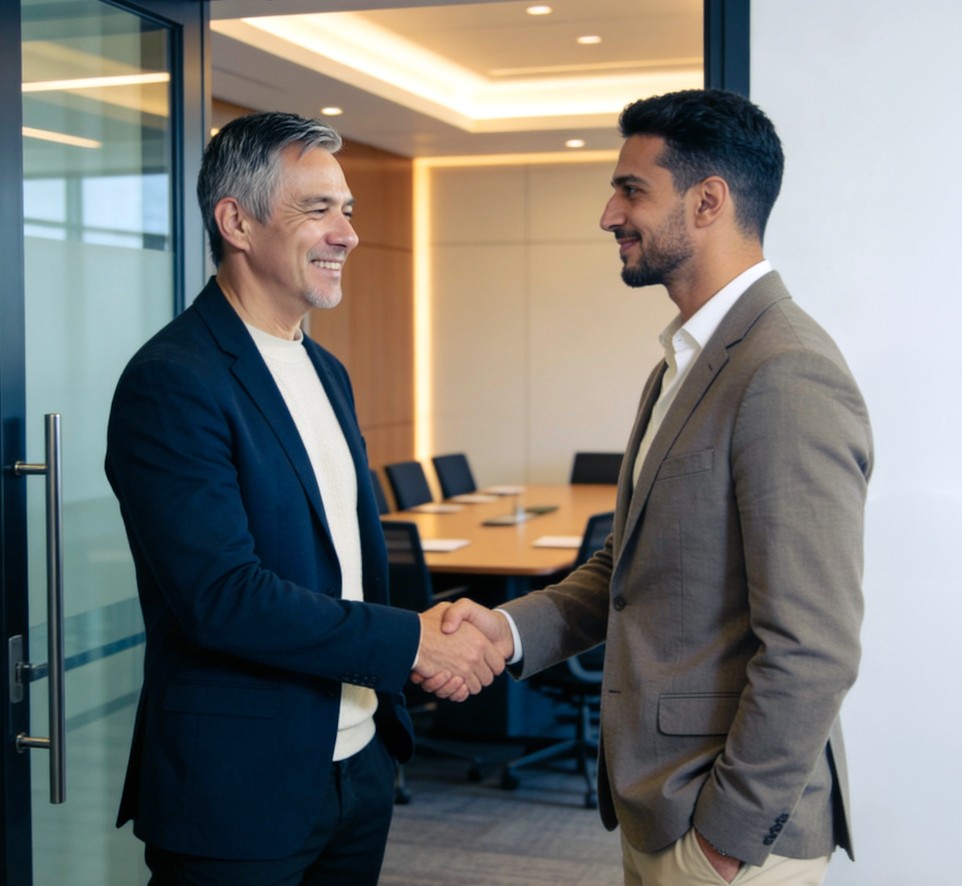 Two corporate guys shaking hands