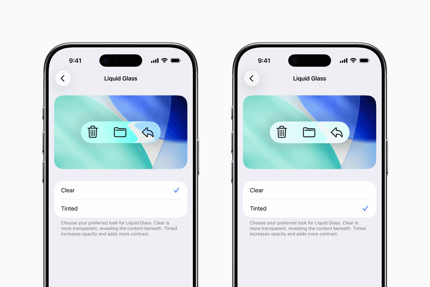 Clear and tinted liquid glass comparison on two iPhones