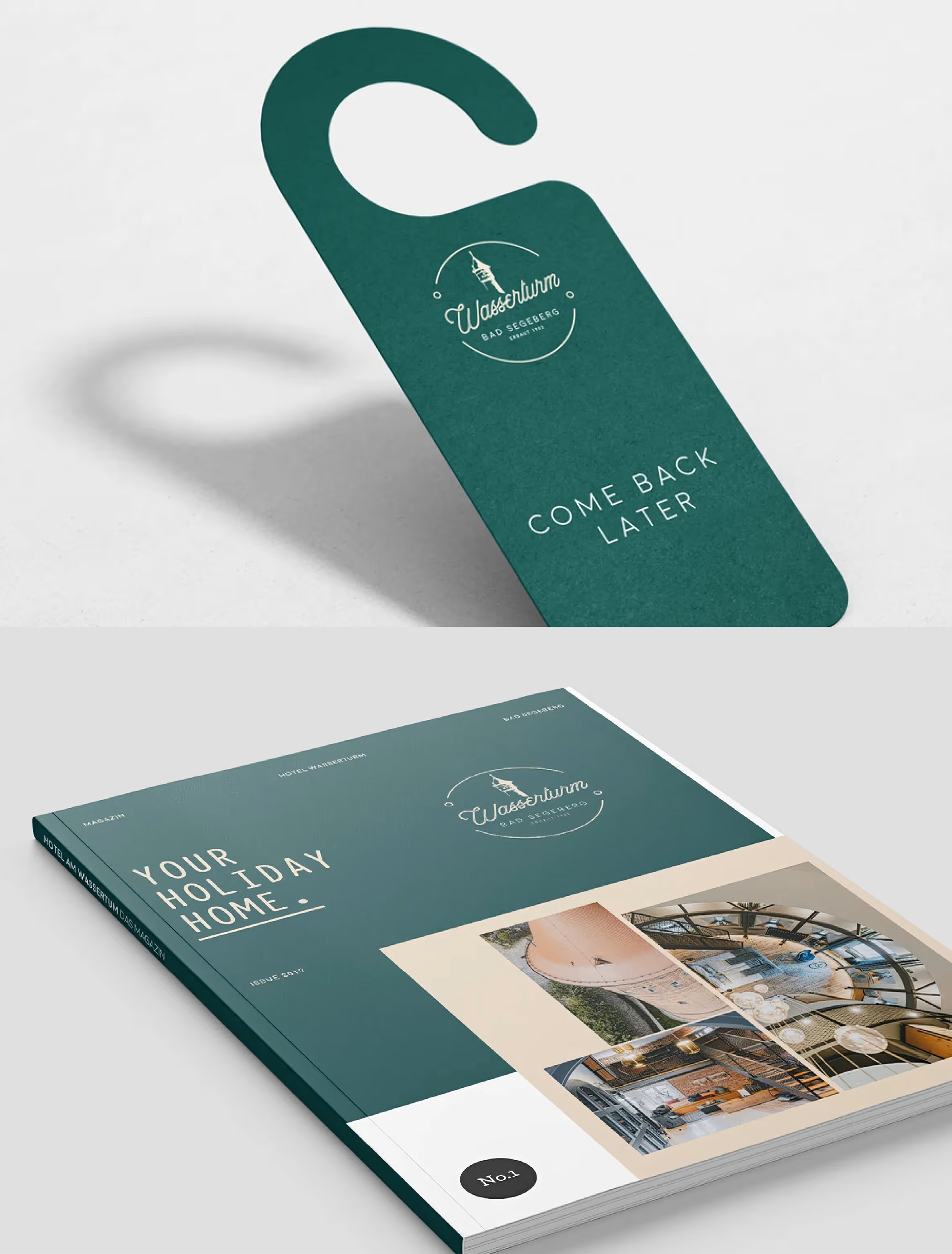 Haptisches Printdesign: Hochwertige Präsentationsmappe für das Wasserturm Hotel mit eleganter Kupfer-Prägung des Logos auf dunkler Struktur.
