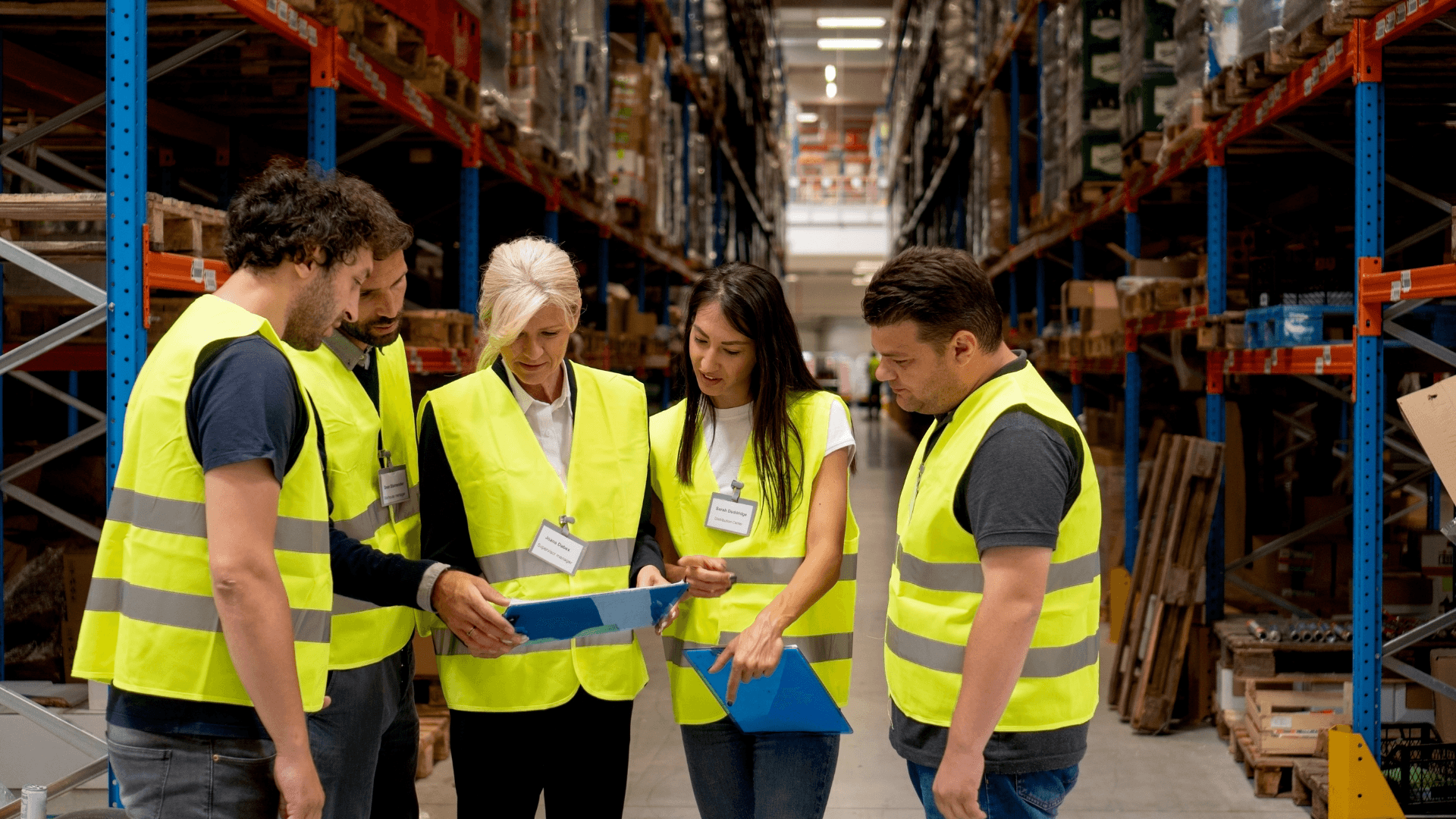 Logistics project management team reviewing site plans in a warehouse facility.