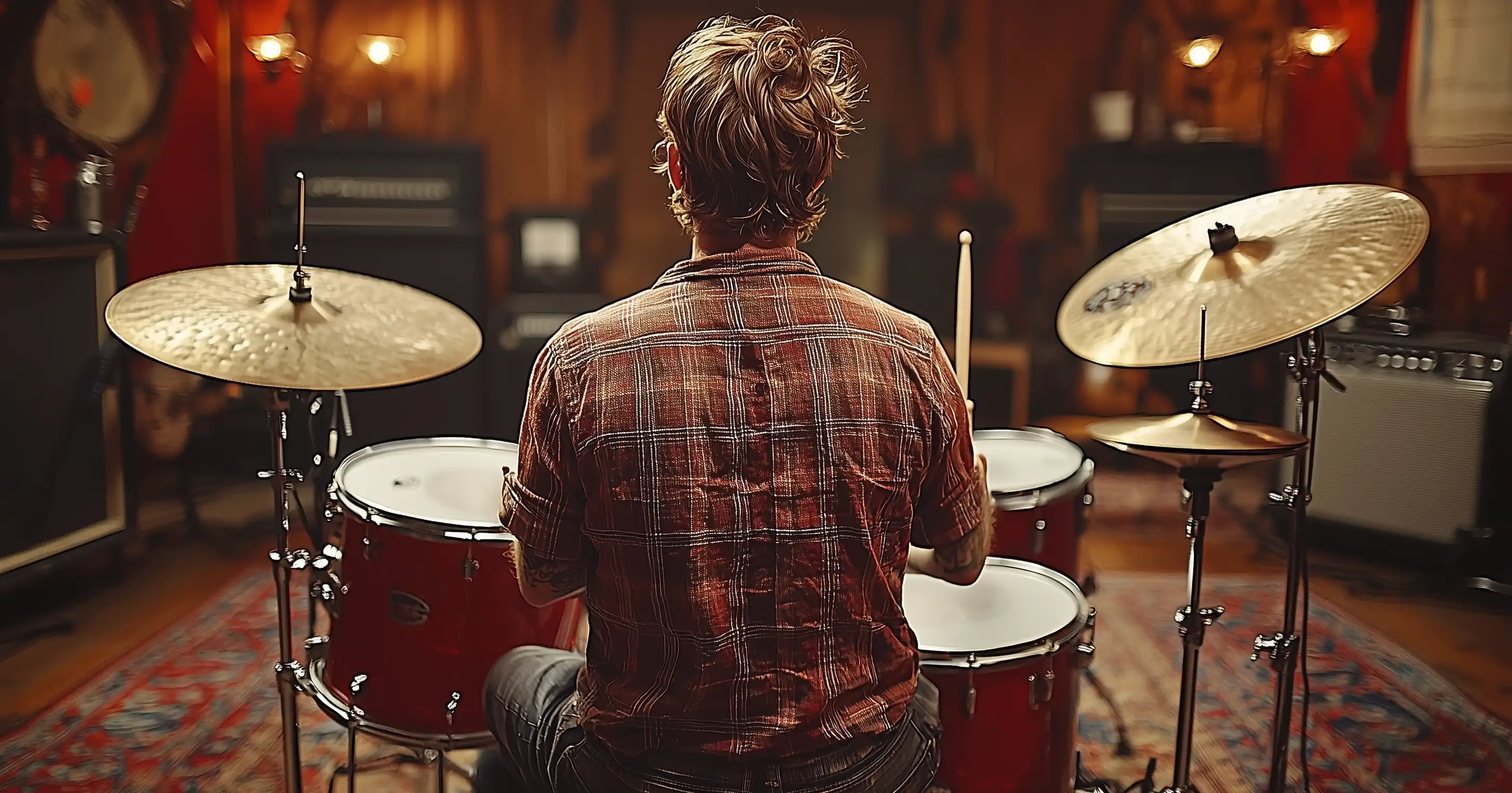 a drummer sitting behind his drum set inside an empty music studio
