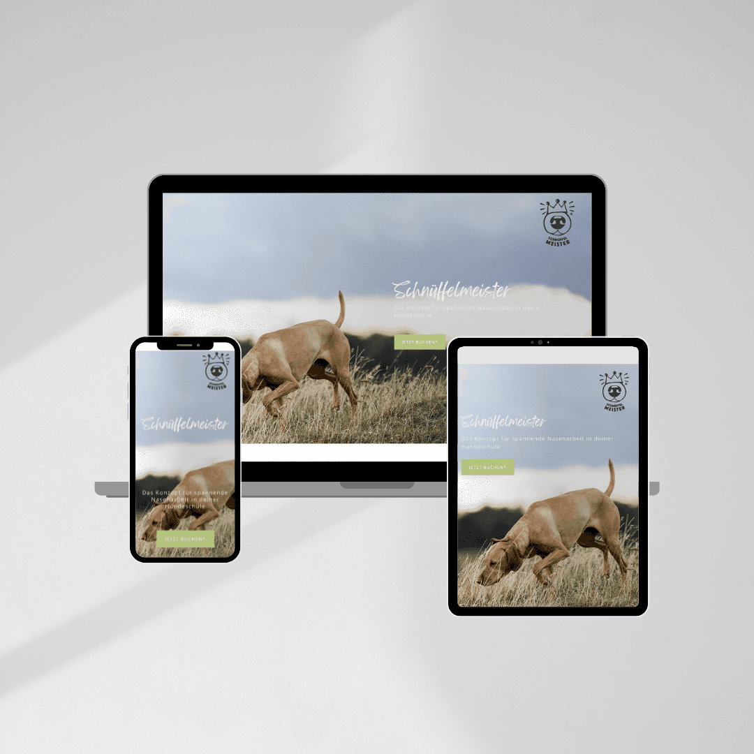 Mockup von einer von OHNORD studio designeten Website auf 3 unterschiedlichen Devices, Laptop, Tablet, Handy. Zu sehen ist ein Hund der auf einer Wiese schnüffelt und im Hintergrund ein hellblauer Himmel