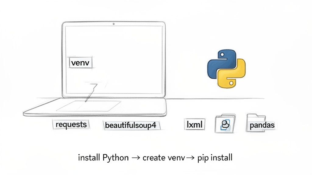 Python environment setup for web scraping, showing venv, Python logo, and libraries like requests, BeautifulSoup, and pandas.