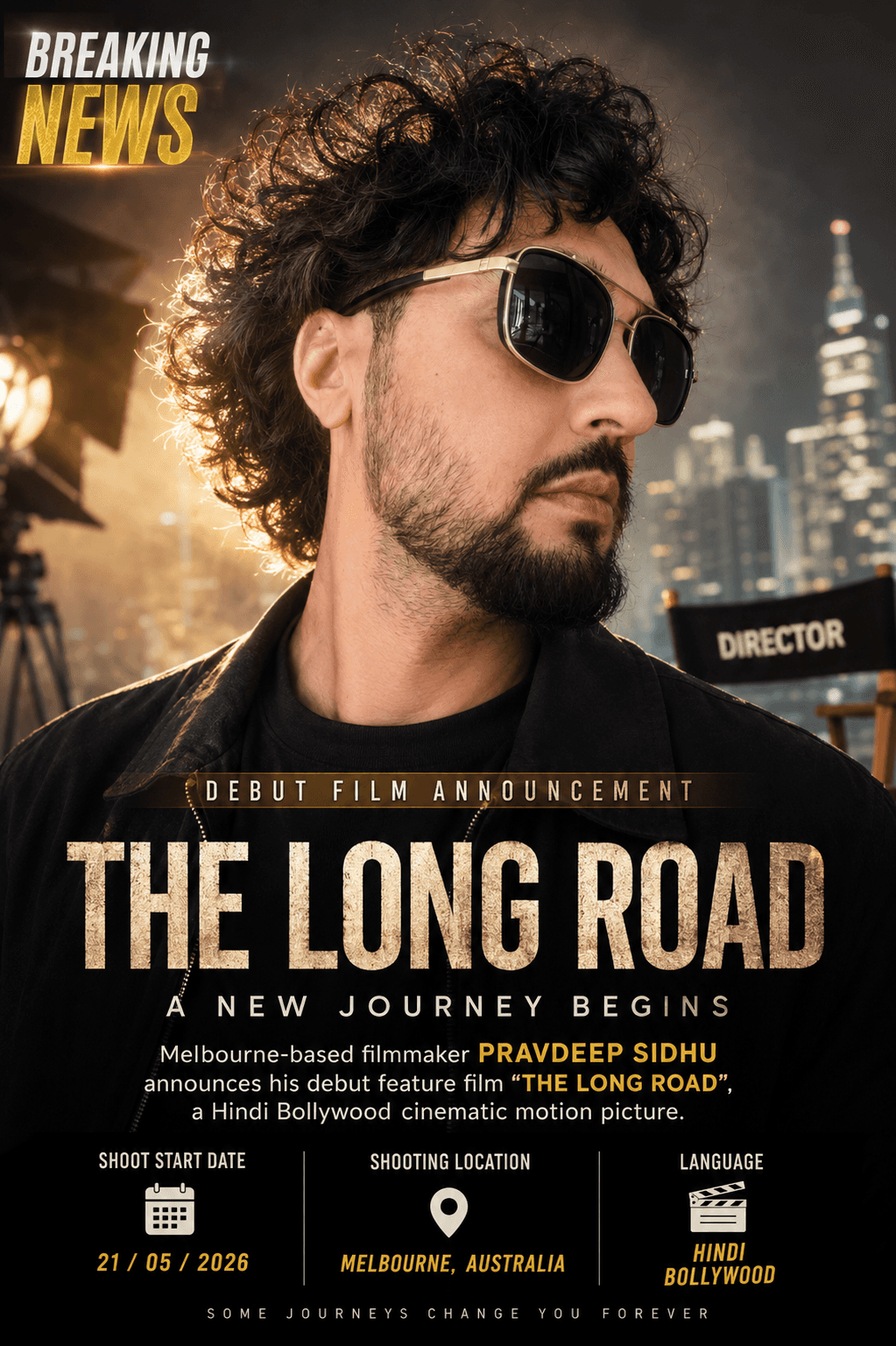 Pravdeep Sidhu promotes Bollywood debut film “The Long Road” with Melbourne skyline and cinematic studio backdrop.