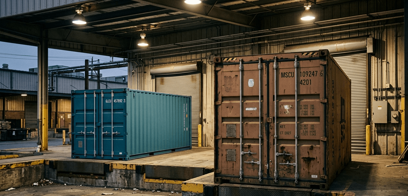 Two shipping containers on an industrial loading dock, one teal and smaller, one large and weathered, overhead industrial lighting