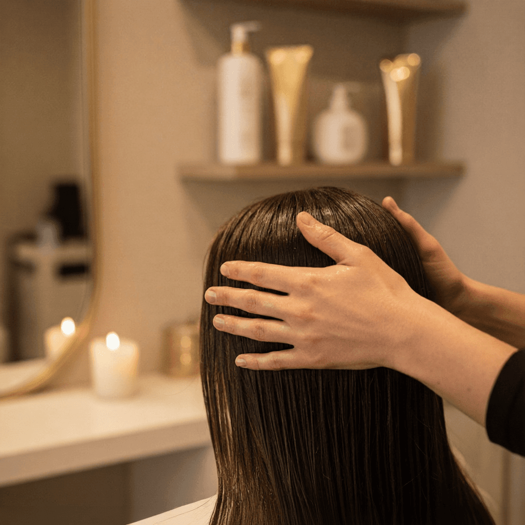A stylist performing a relaxing scalp massage at Havie & Moon in Dubai Hills Estate. The warm lighting, soft focus, and natural textures highlight the calm, sensory experience of the Crown Therapy Ritual.