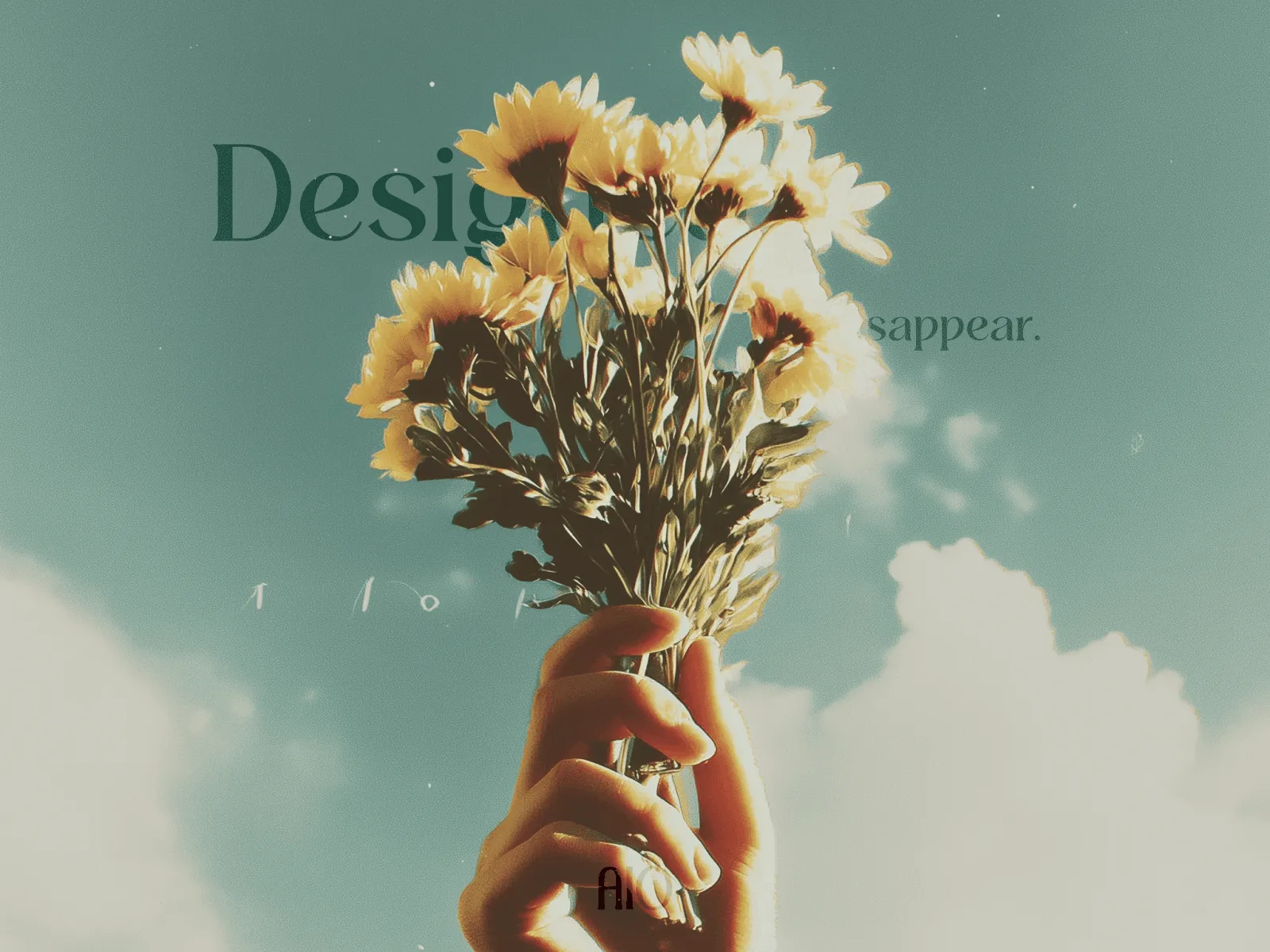 A hand holds a bouquet of flowers against a bright blue sky with soft clouds.