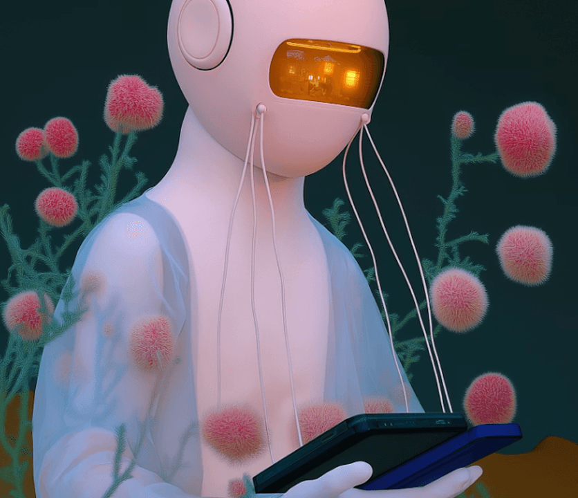 Robot holding tablet near flowers.