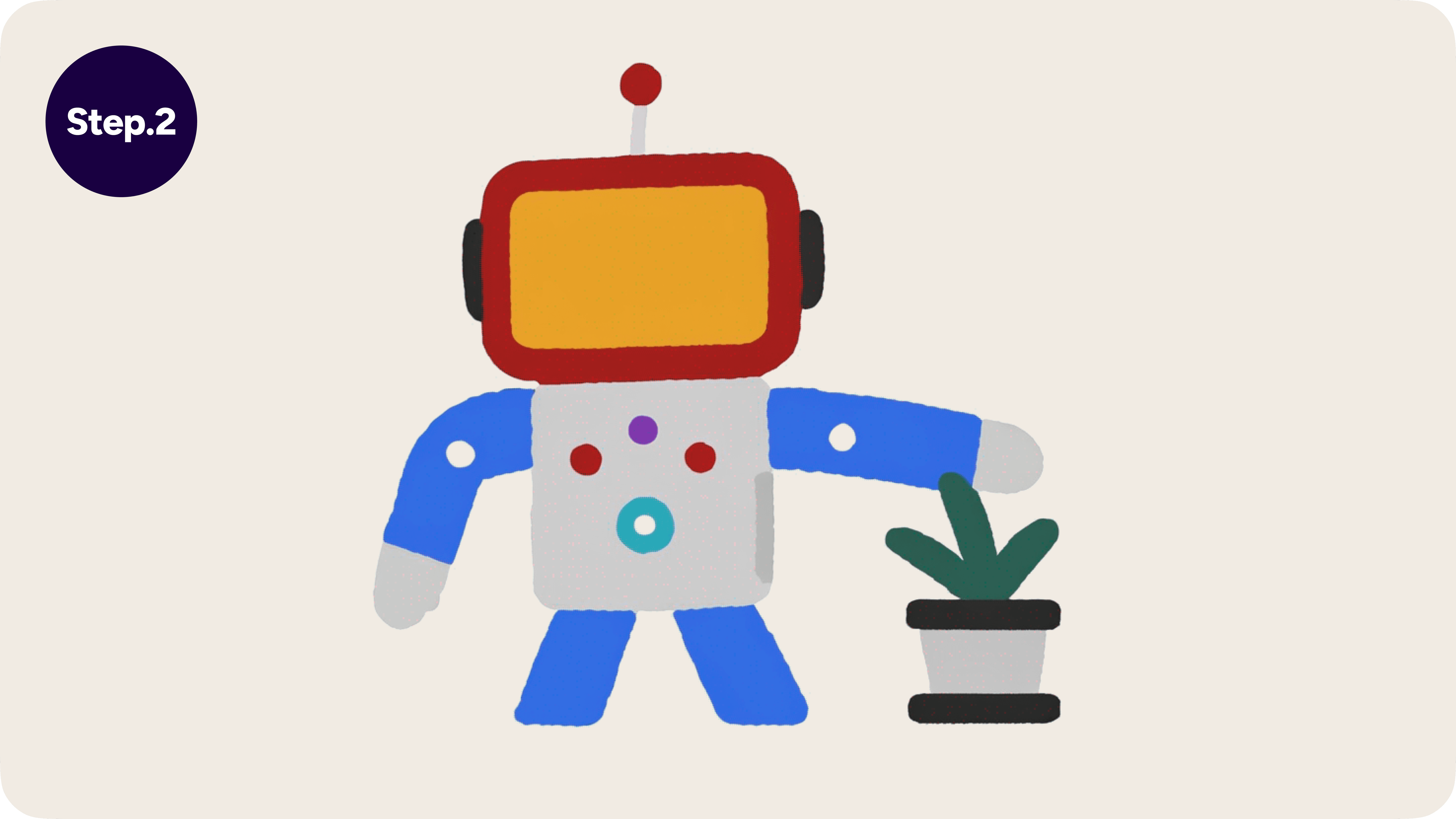 AI image using Blunge: A hand-drawn style illustration of a friendly robot character with a red monitor head and blue limbs, standing next to a potted plant, representing AI-powered design and branding tools.